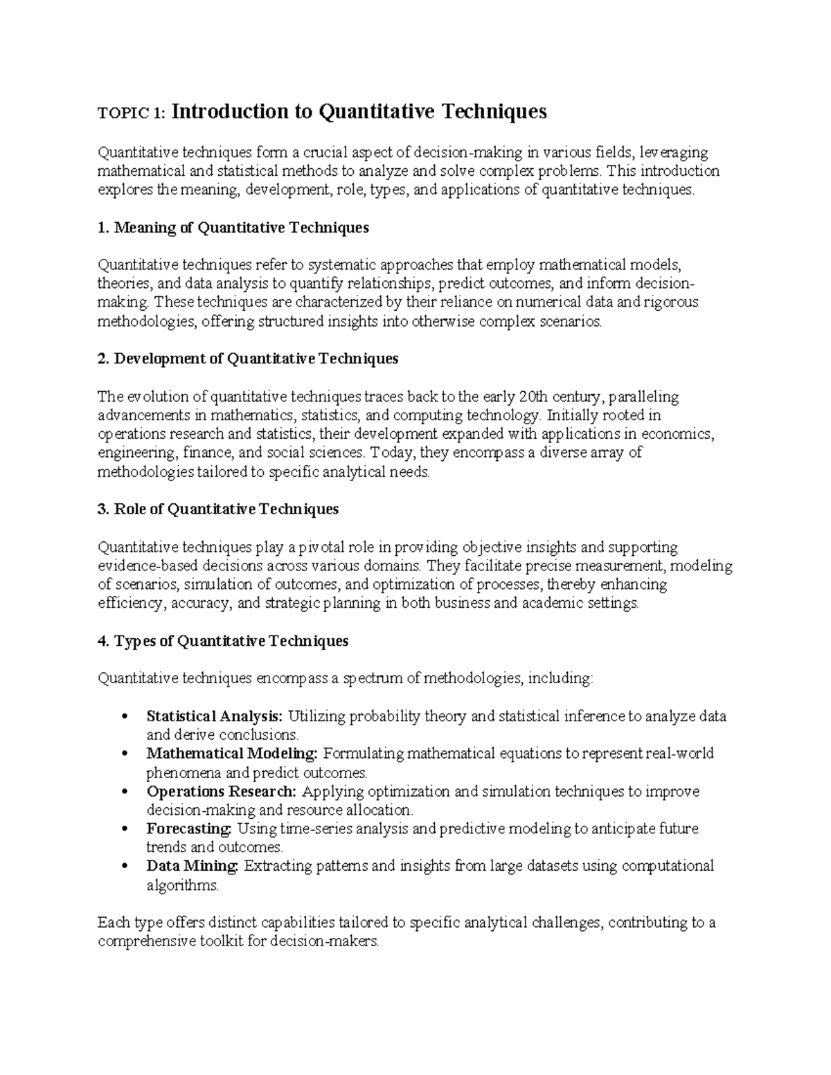 QT - summary - TOPIC 1: Introduction to Quantitative Techniques ...