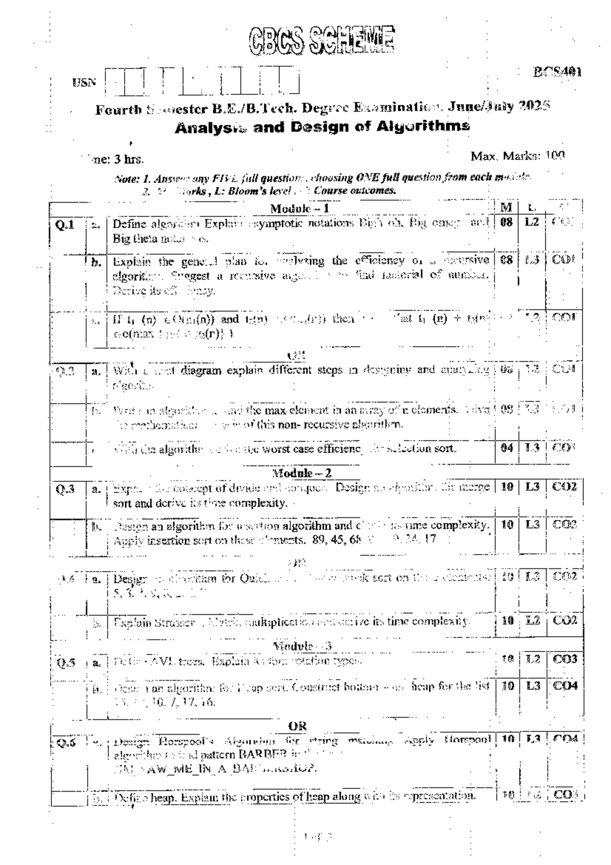 ADA BCS401 Fourth Semester Exam - Analysis and Design of Algorithms ...