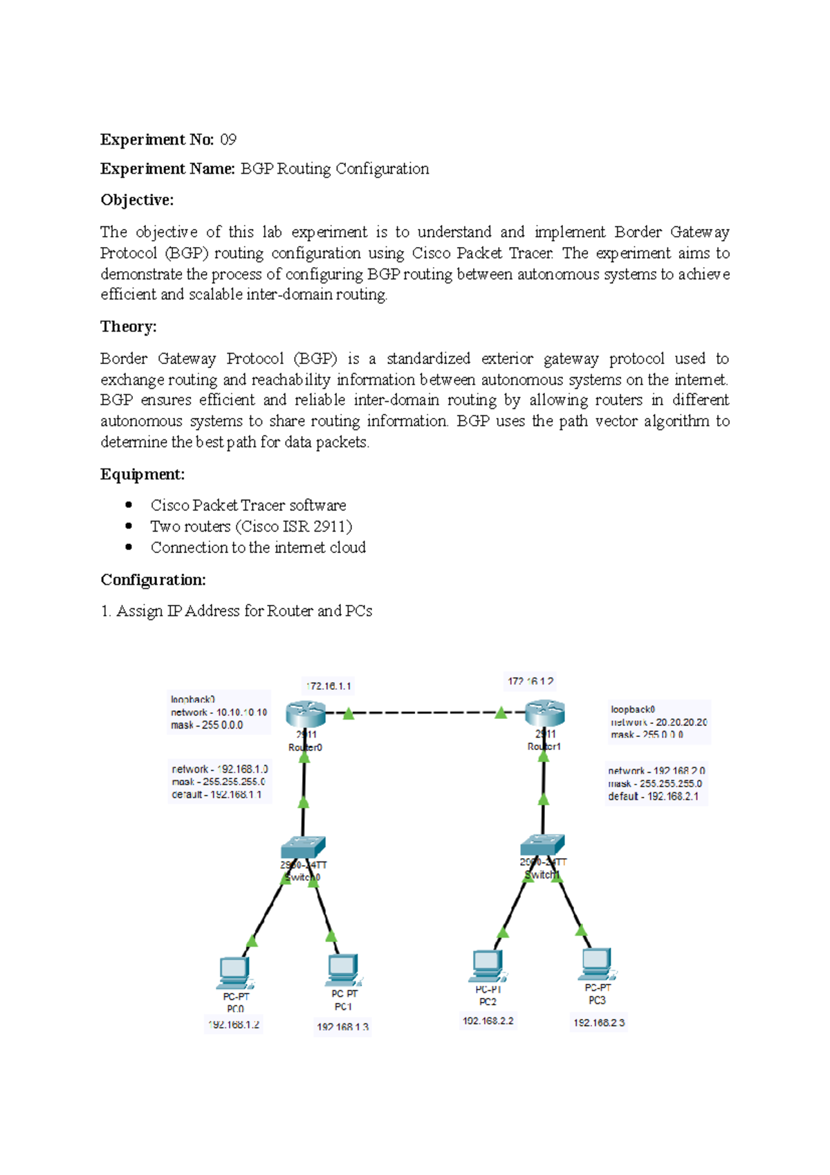 Bgp Routing Configuration Lab Using Cisco Packet Tracer Studocu