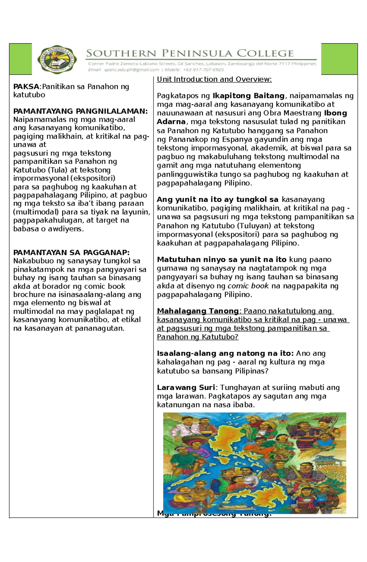 LEARNING PLAN FILIPINO 7: Panitikan sa Panahon ng Katutubo - Document Preview