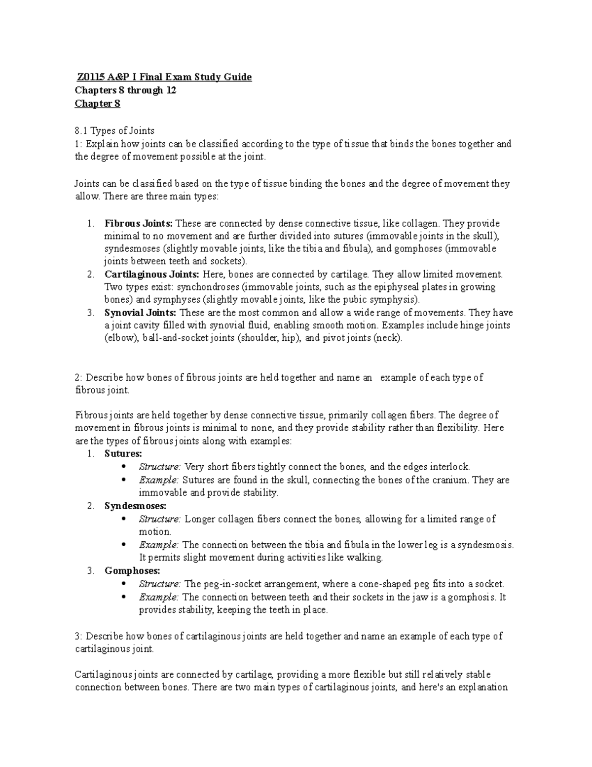 Z0115 A&P I Final Exam Study Guide: Joints & Muscle Structure Insights ...