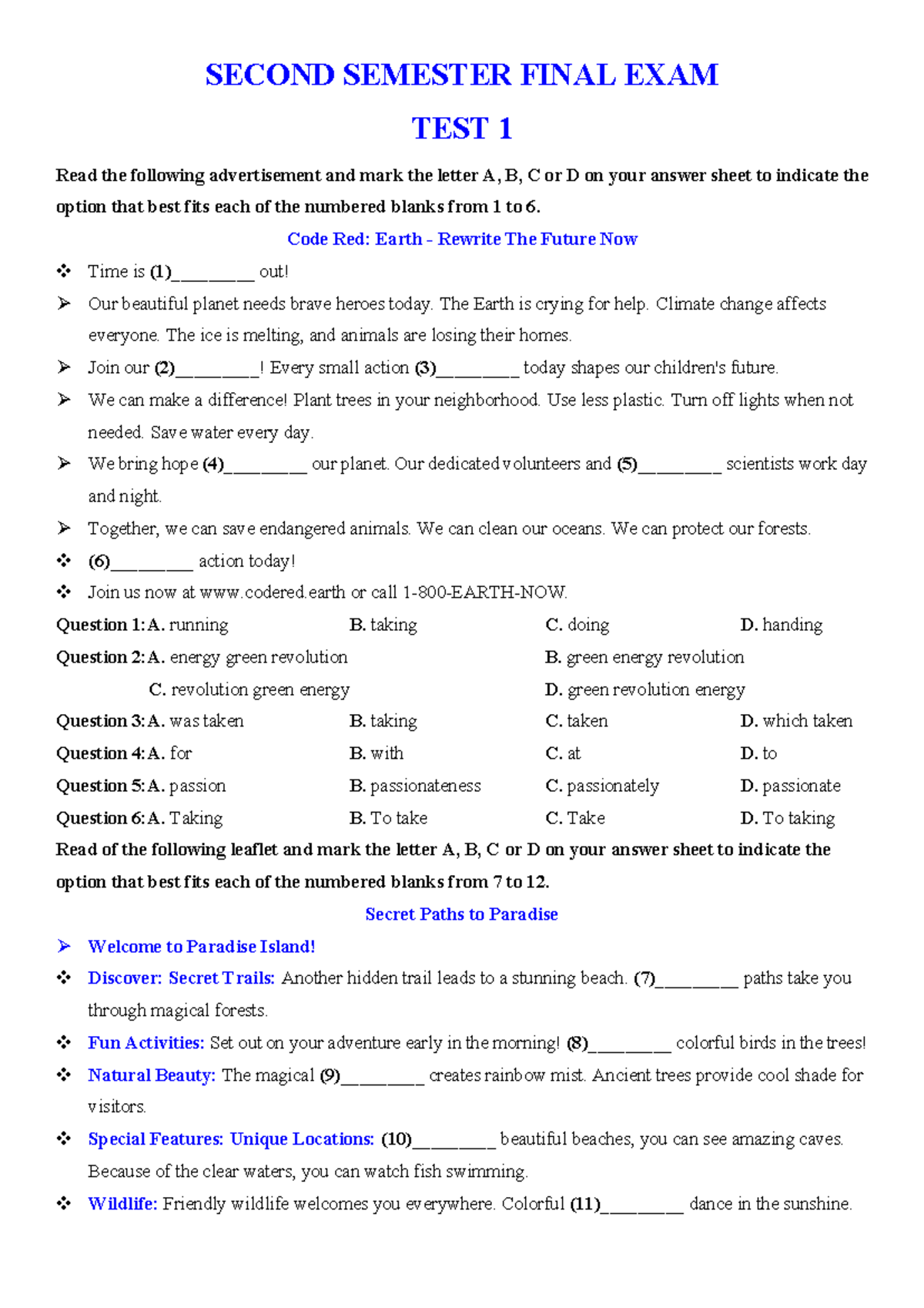 Second Semester Final Exam Grade 10: Test 1 on Ecotourism and ...