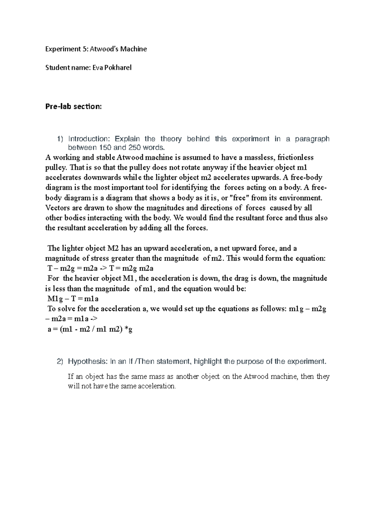 Physics Experiment 5: Pre-Lab on Atwood's Machine Theory and Hypothesis ...