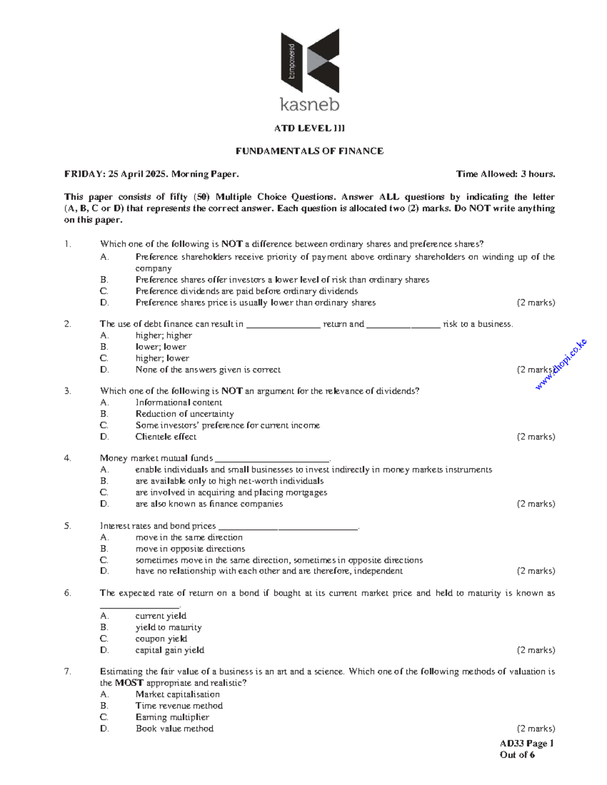 ATD LEVEL FUNDAMENTALS OF FINANCE PAST PAPERS: 2024-2025 - Studocu