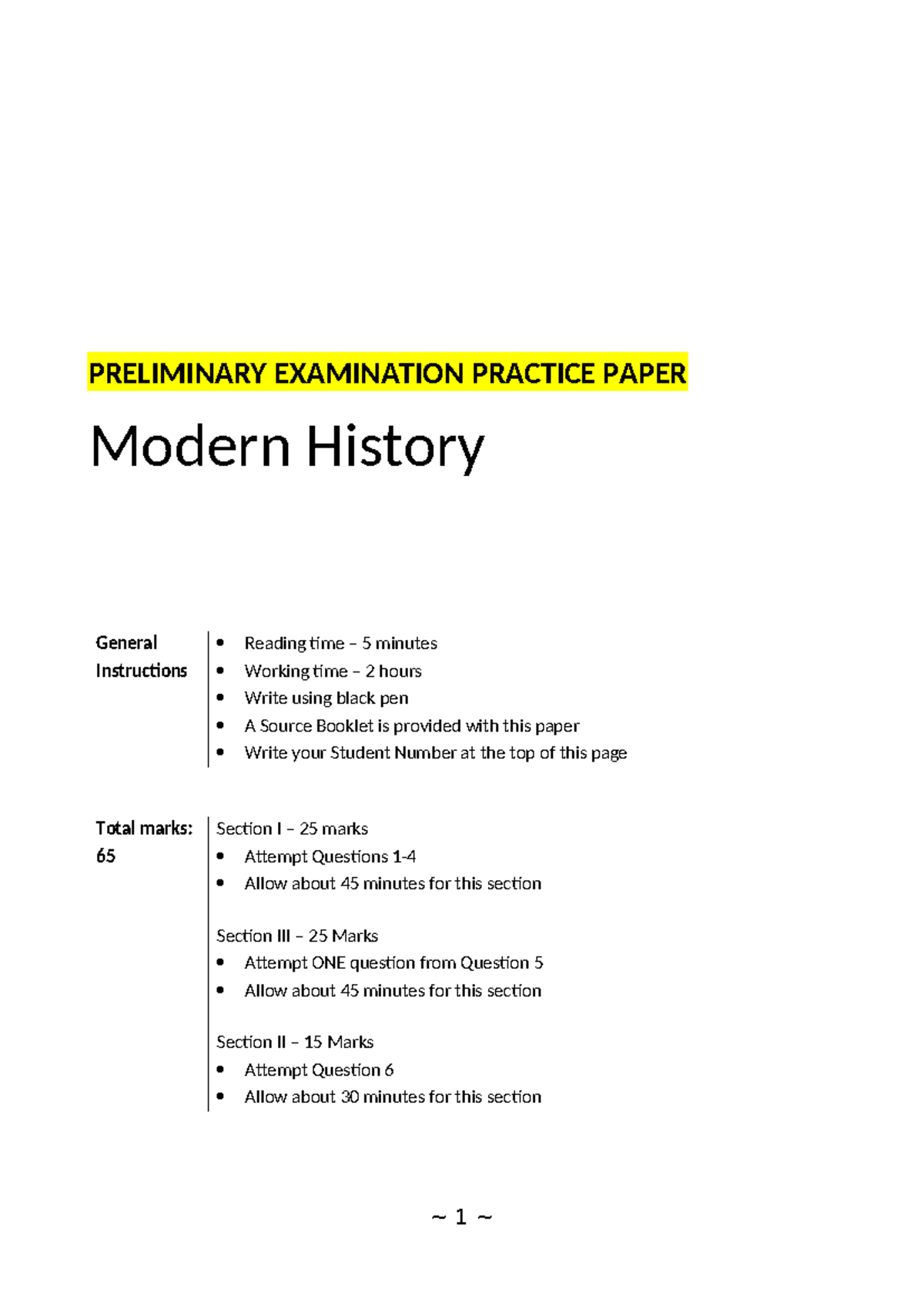 Modern History Preliminary Exam Practice Paper (65 Marks) - Studocu