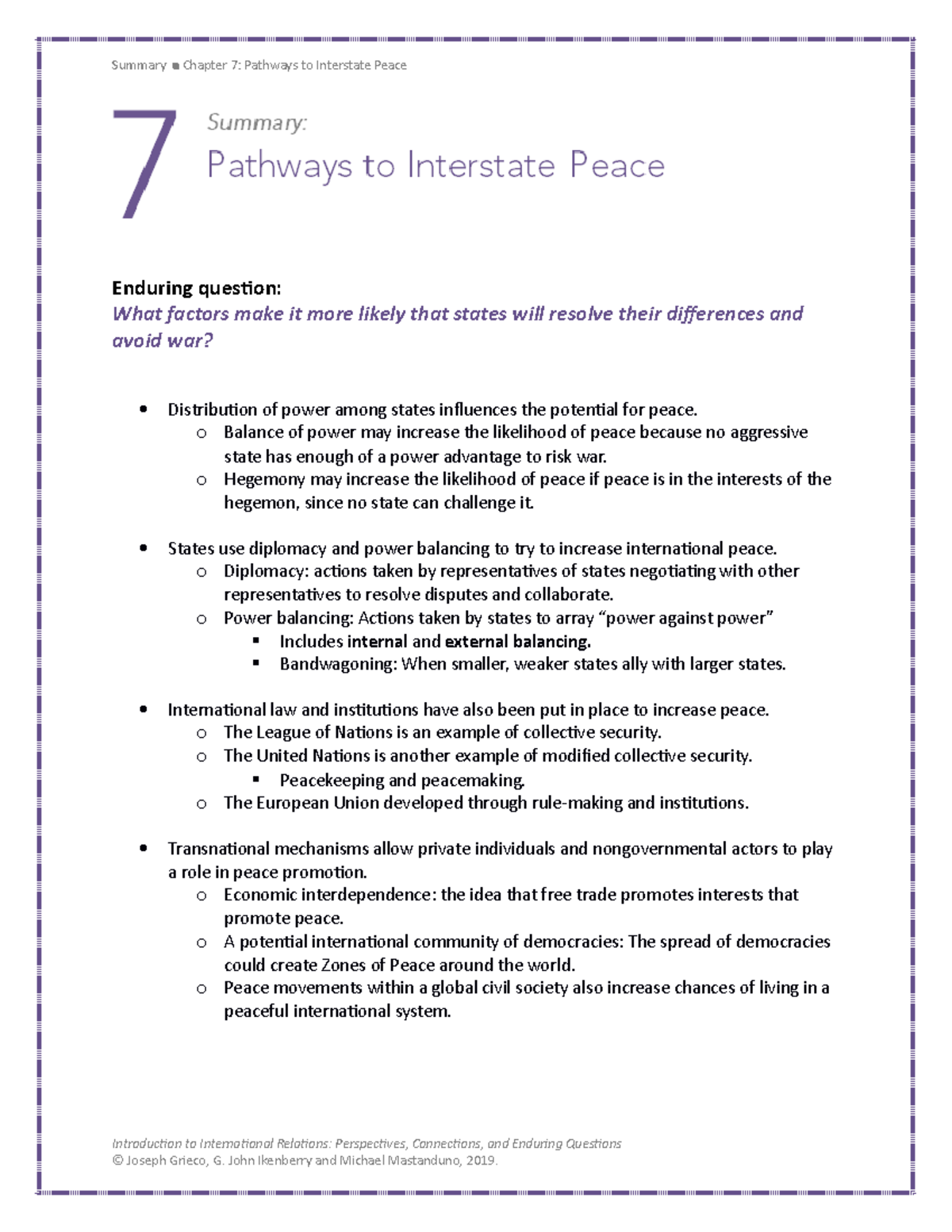 Grieco IR 101: Chapter 7 Summary - Pathways to Interstate Peace - Studocu