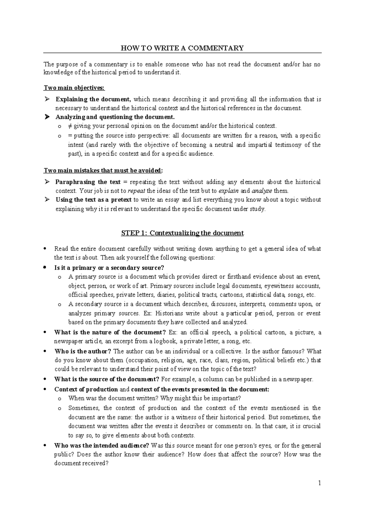HOW TO Write A Commentary: Analyzing Historical Documents - Studocu