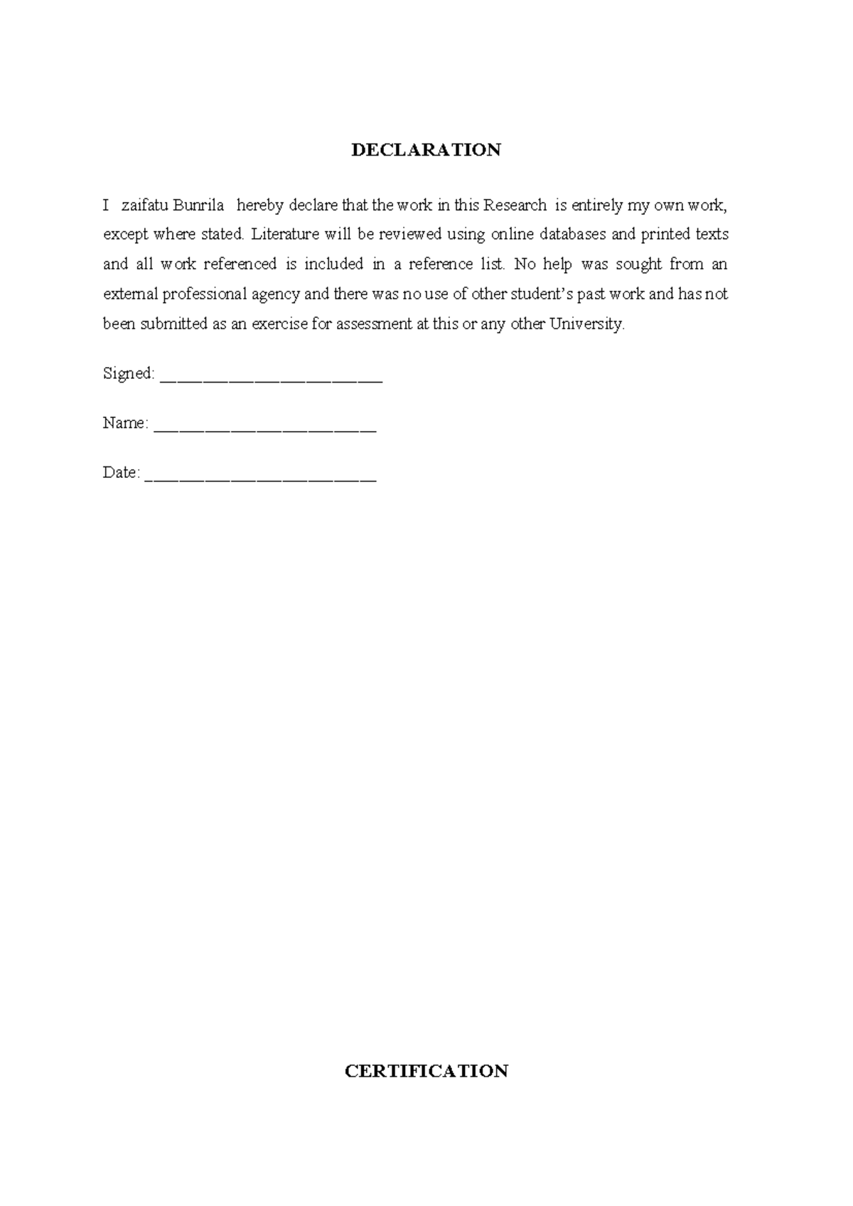 Yusufu Huzaifatu Bunrila final copy - DECLARATION I zaifatu Bunrila ...