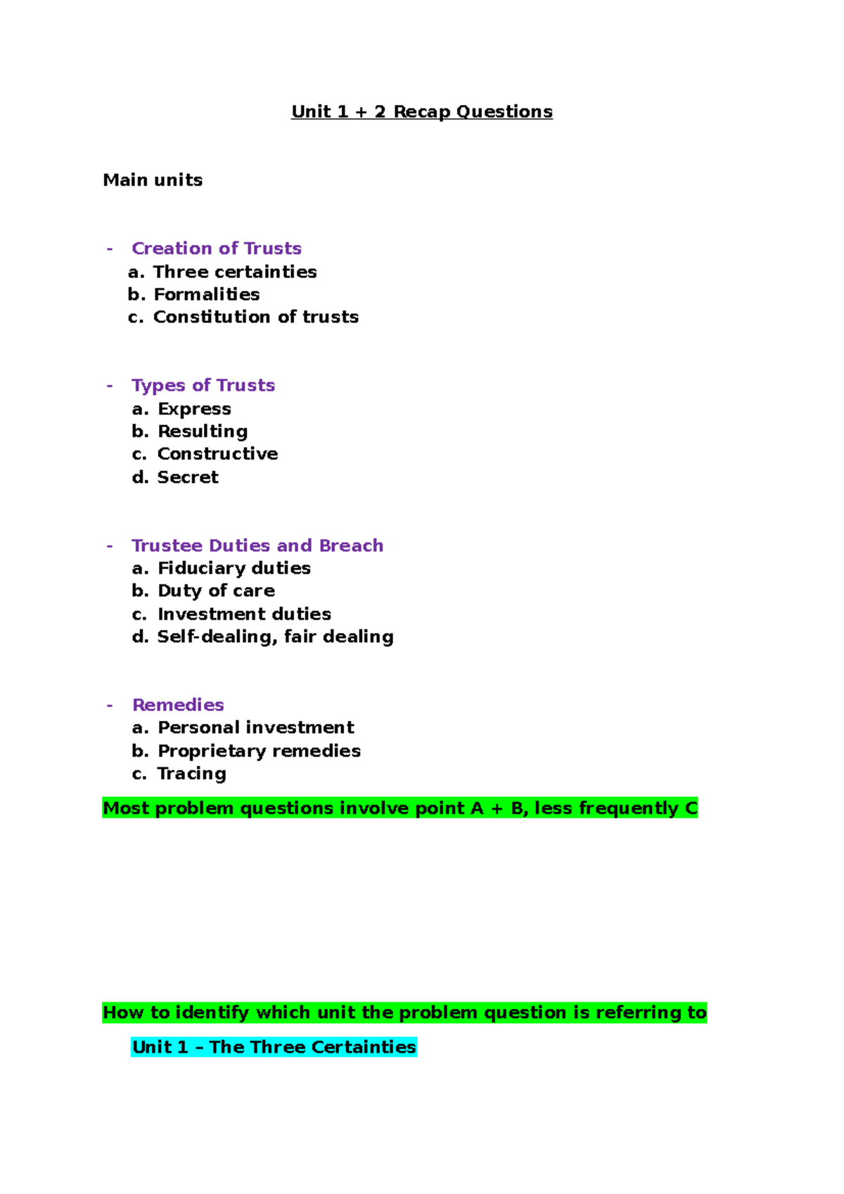Breakdown and Identifying Unit - Unit 1 + 2 Recap Questions Main units ...