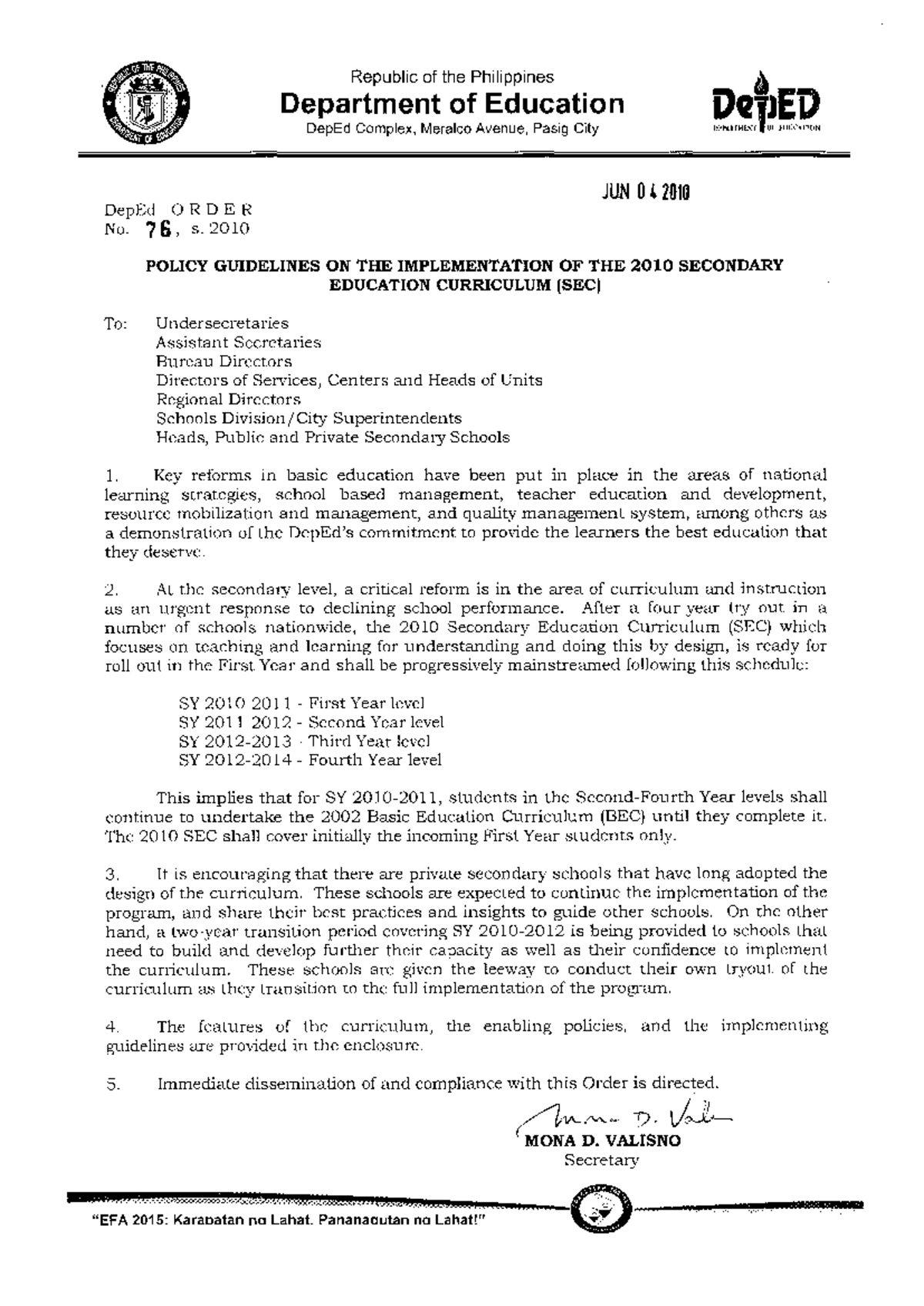 Revised Policy Guidelines for Implementing the 2010 SEC - Studocu