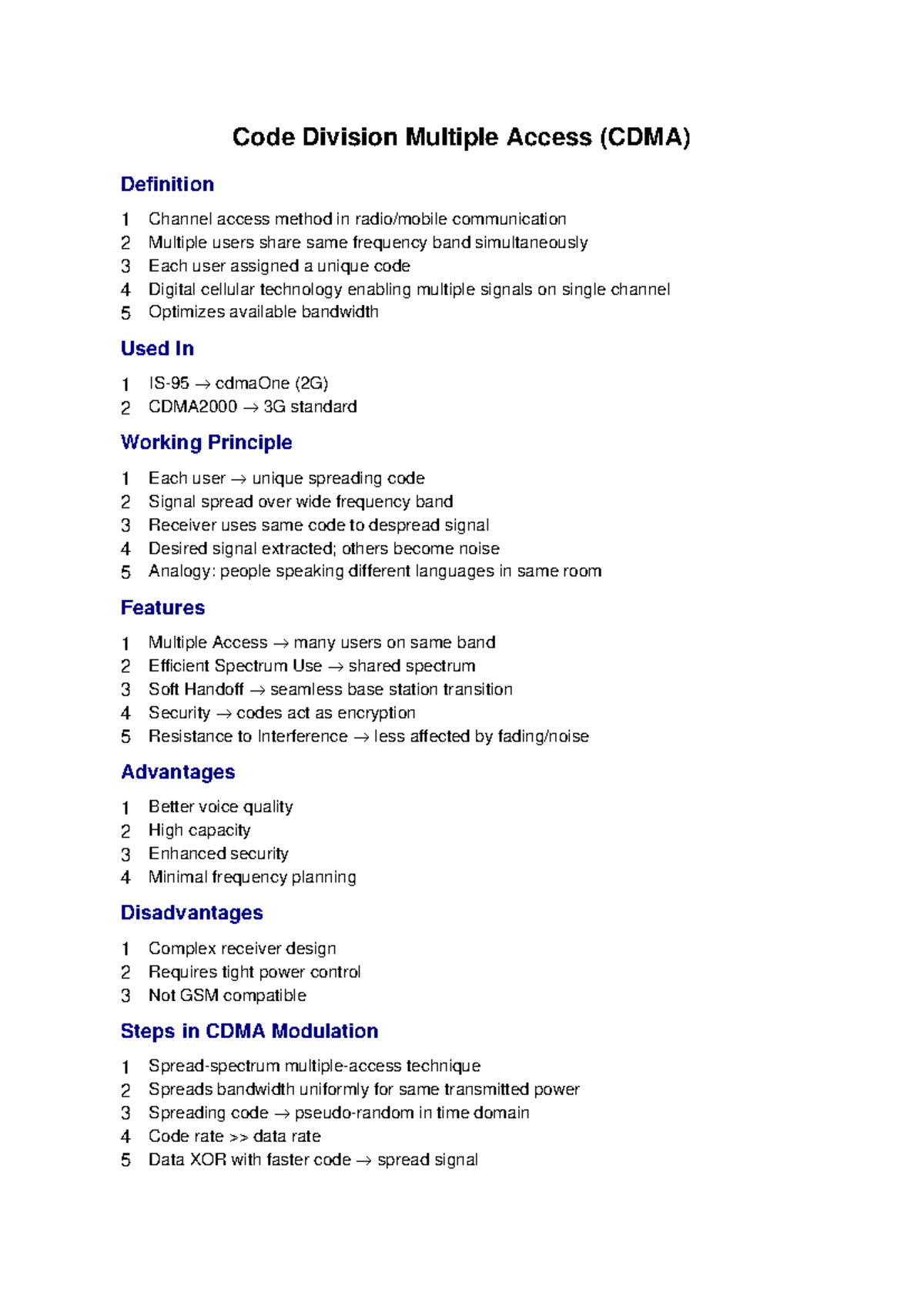 CDMA Notes: Key Points on Wireless Communication Techniques - Studocu