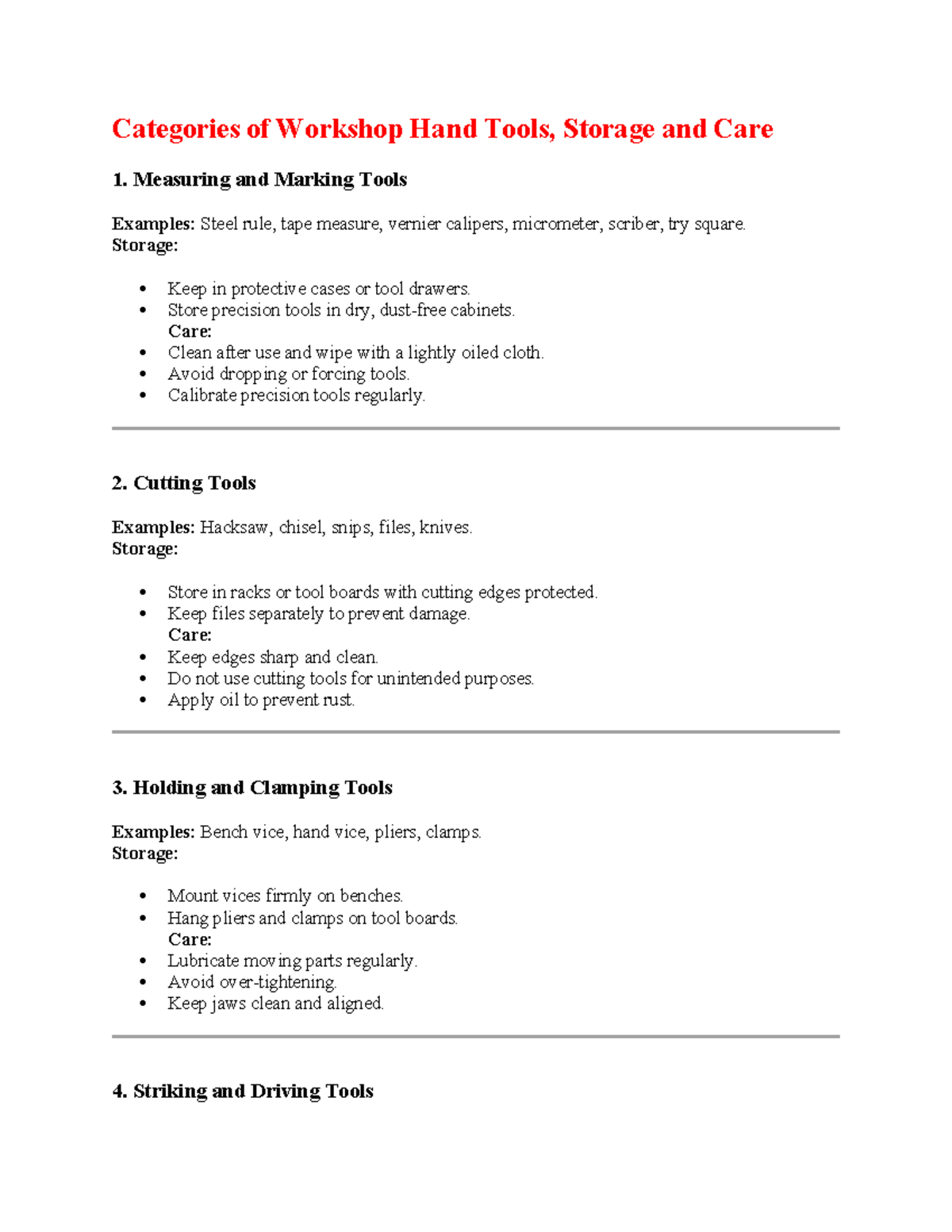 Categories of Workshop Hand Tools & Calibration Notes (Topic 2) - Studocu