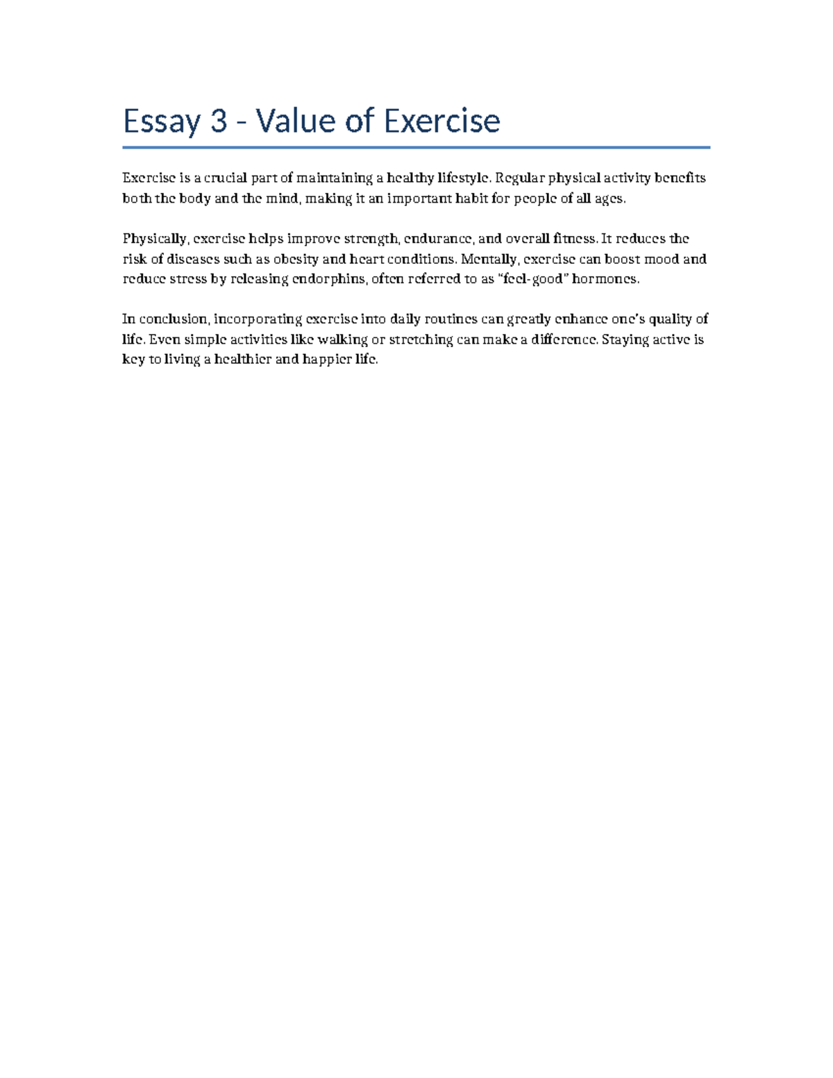 Essay 3: The Importance of Regular Exercise for Health - Studocu