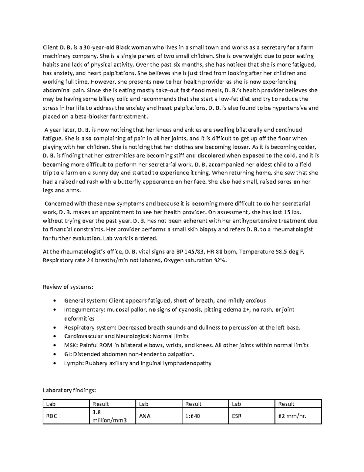 Week 1 Case Study Assignment: Evaluation of Patient D. B. - Studocu