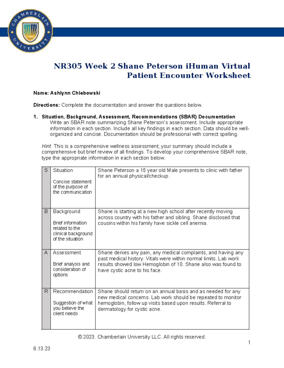 NR305 W2 Shane Peterson iHuman Virtual Patient Encounter Worksheet ...