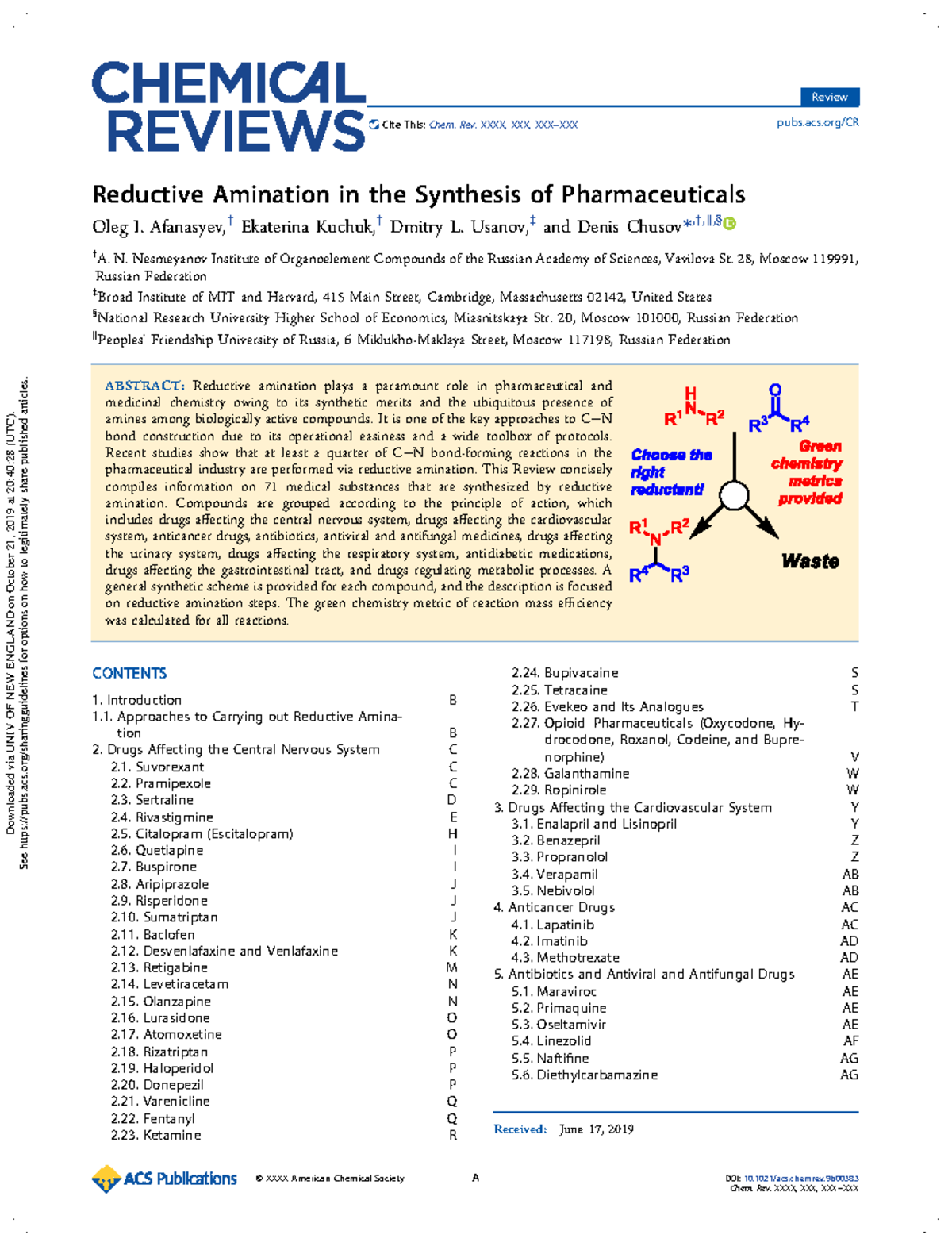 Review: Reductive Amination in Pharmaceutical Synthesis (Chem. Rev ...