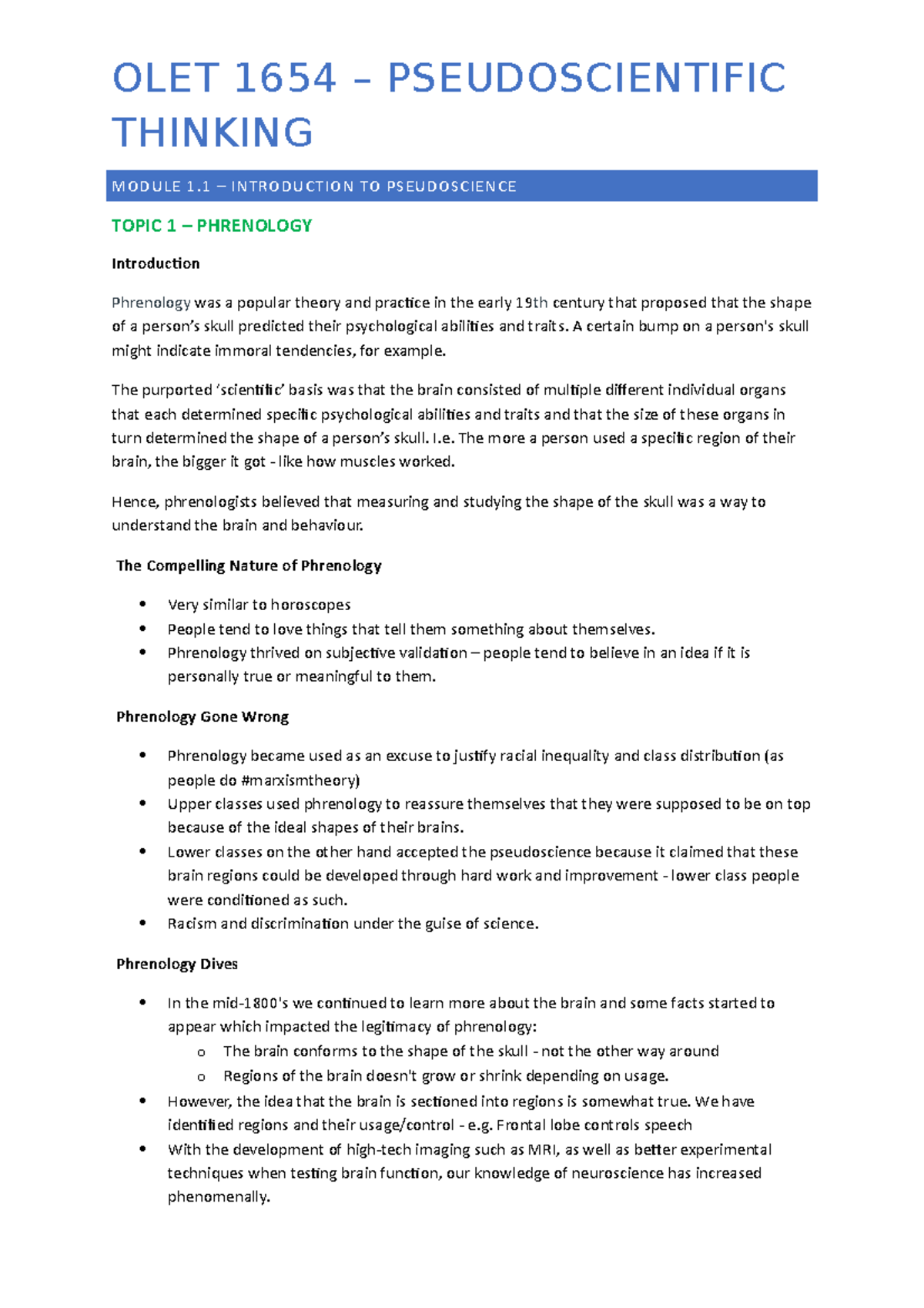 OLET 1654 Notes - Summary Pseudoscientific Thinking - OLET 1654 ...