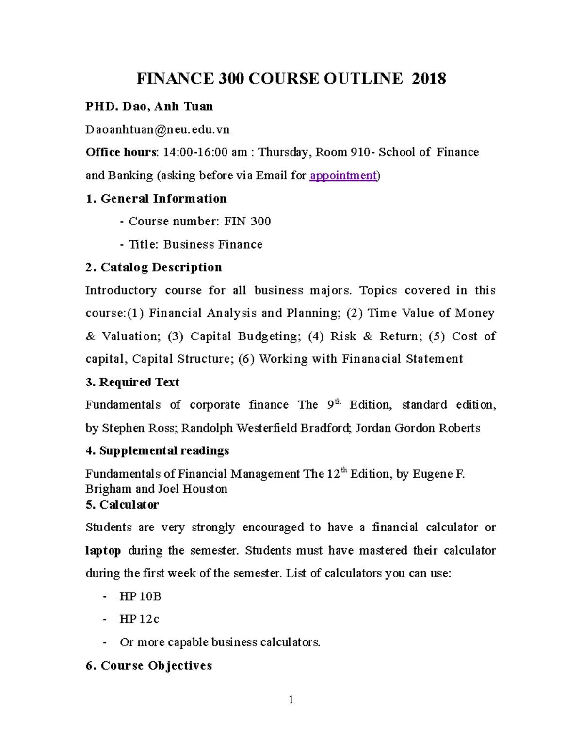 FIN 300 Business Finance Syllabus and Course Overview 2018 - Studocu