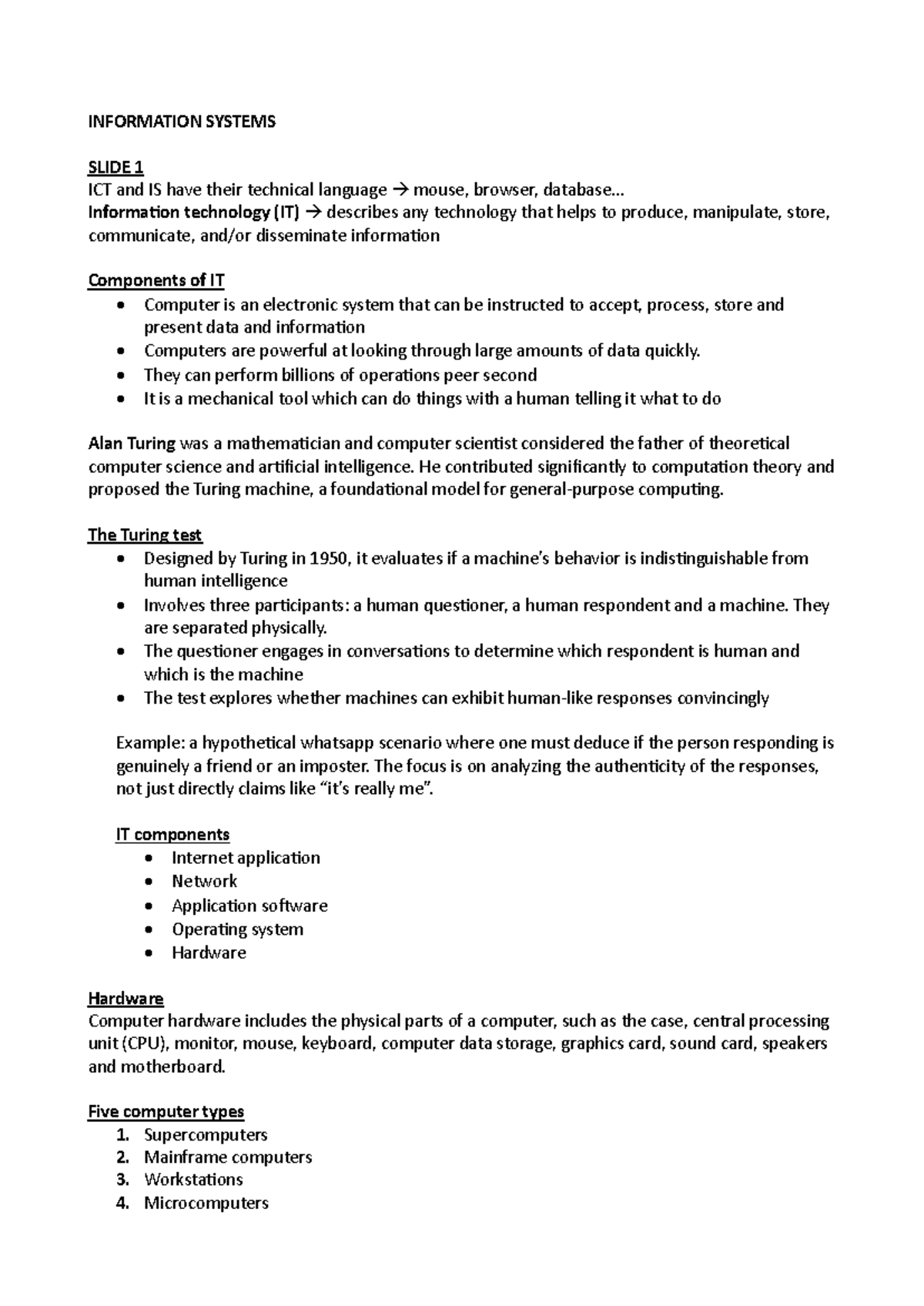 Information systems notes for ICT 101: Understanding IT components and ...