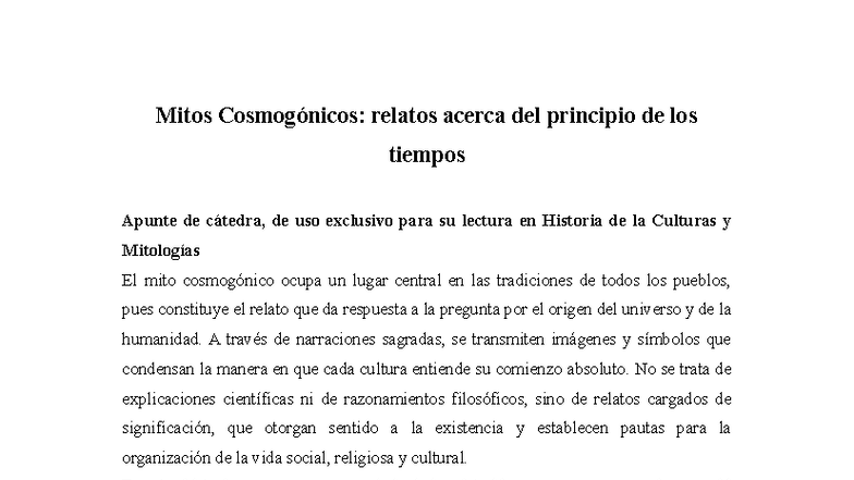 Mitos Cosmogónicos: Resumen de la Cátedra en Historia de Culturas - Document Preview