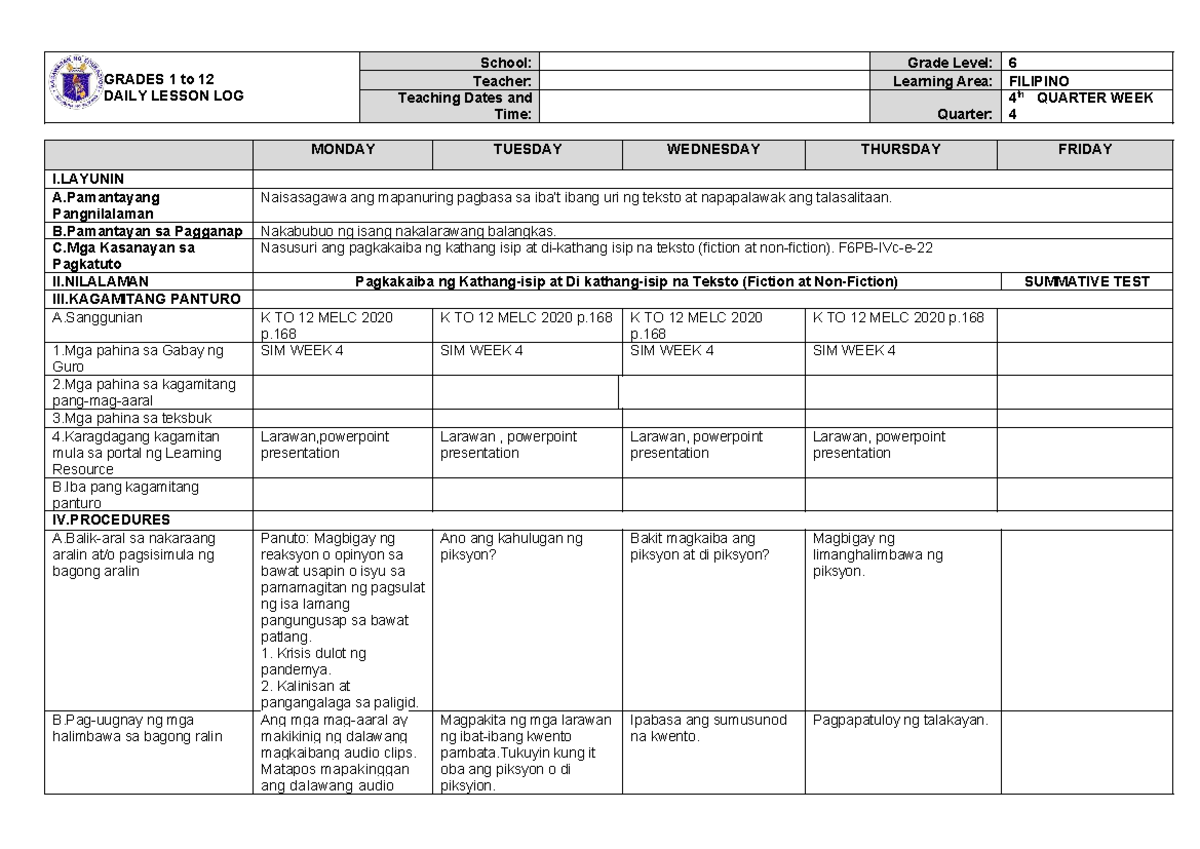 DLL G6 Filipino 4th Quarter Week 4 Lesson Plan - Studocu