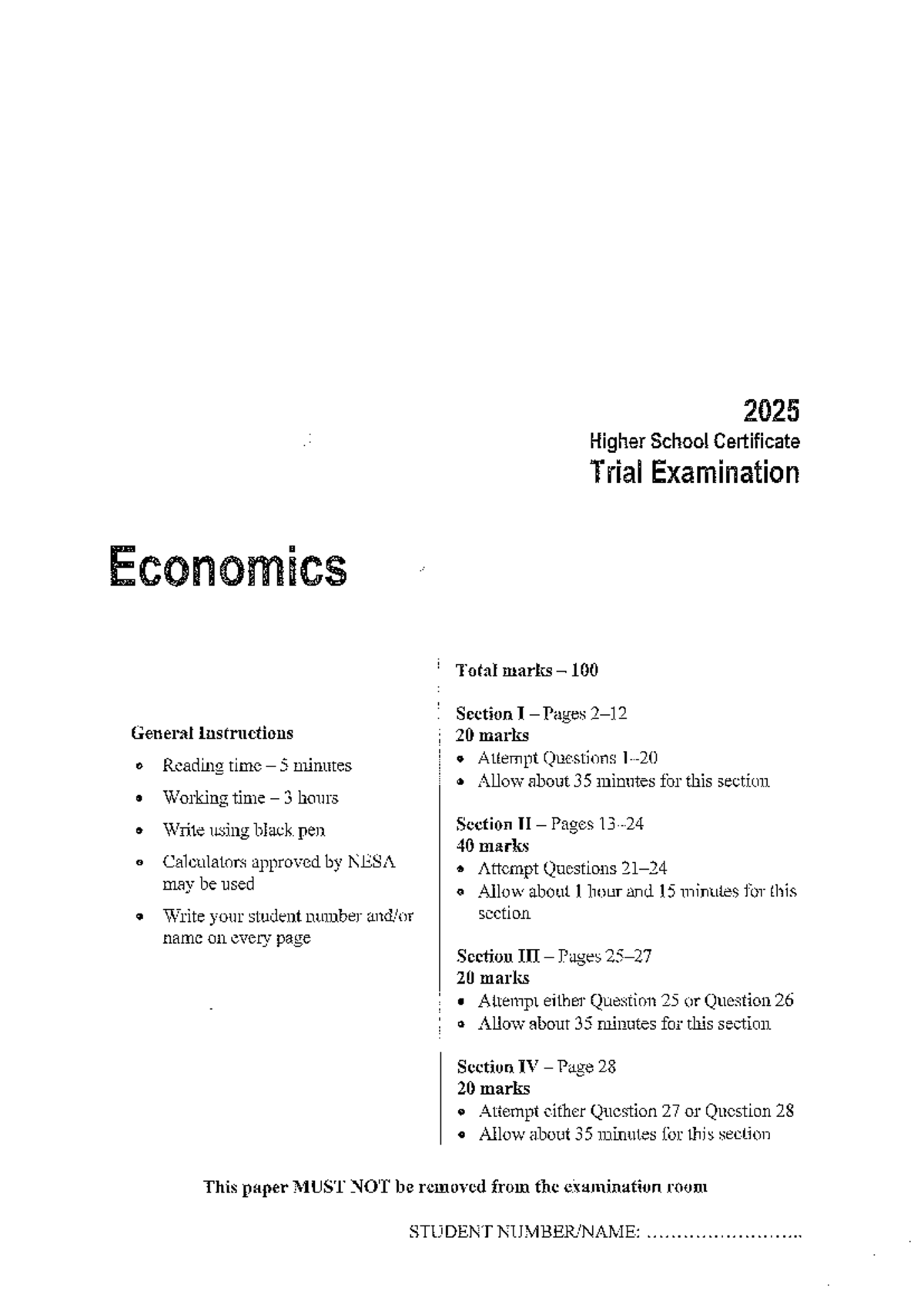 2025 HSC Trial Exam Economics - Total Marks 100 - Studocu