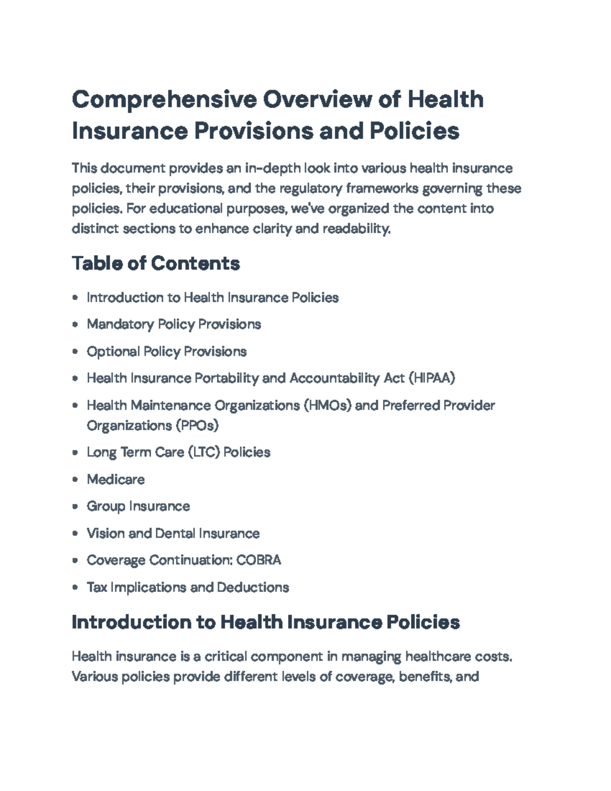 Comprehensive Overview of Health Insurance Policies and Provisions ...