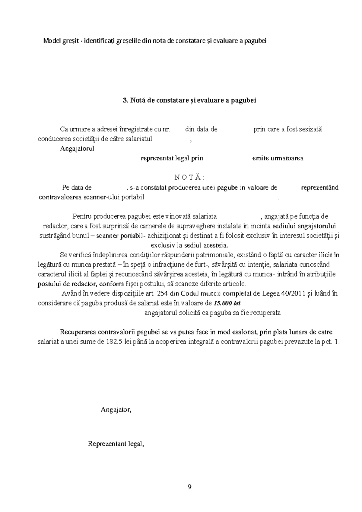 Exemplu de Notă de Constatare și Evaluare Pagube - Caz 9 - Studocu