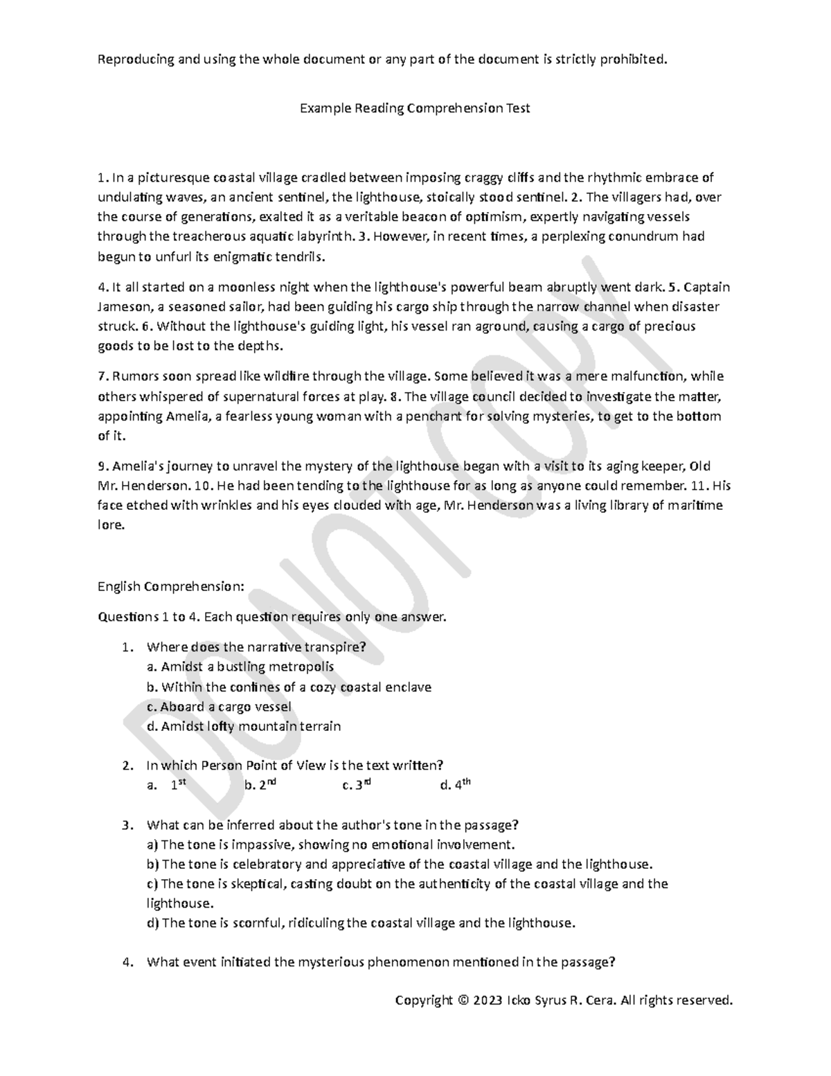 Example Reading Comprehension Test: Lighthouse Mystery Analysis - Studocu