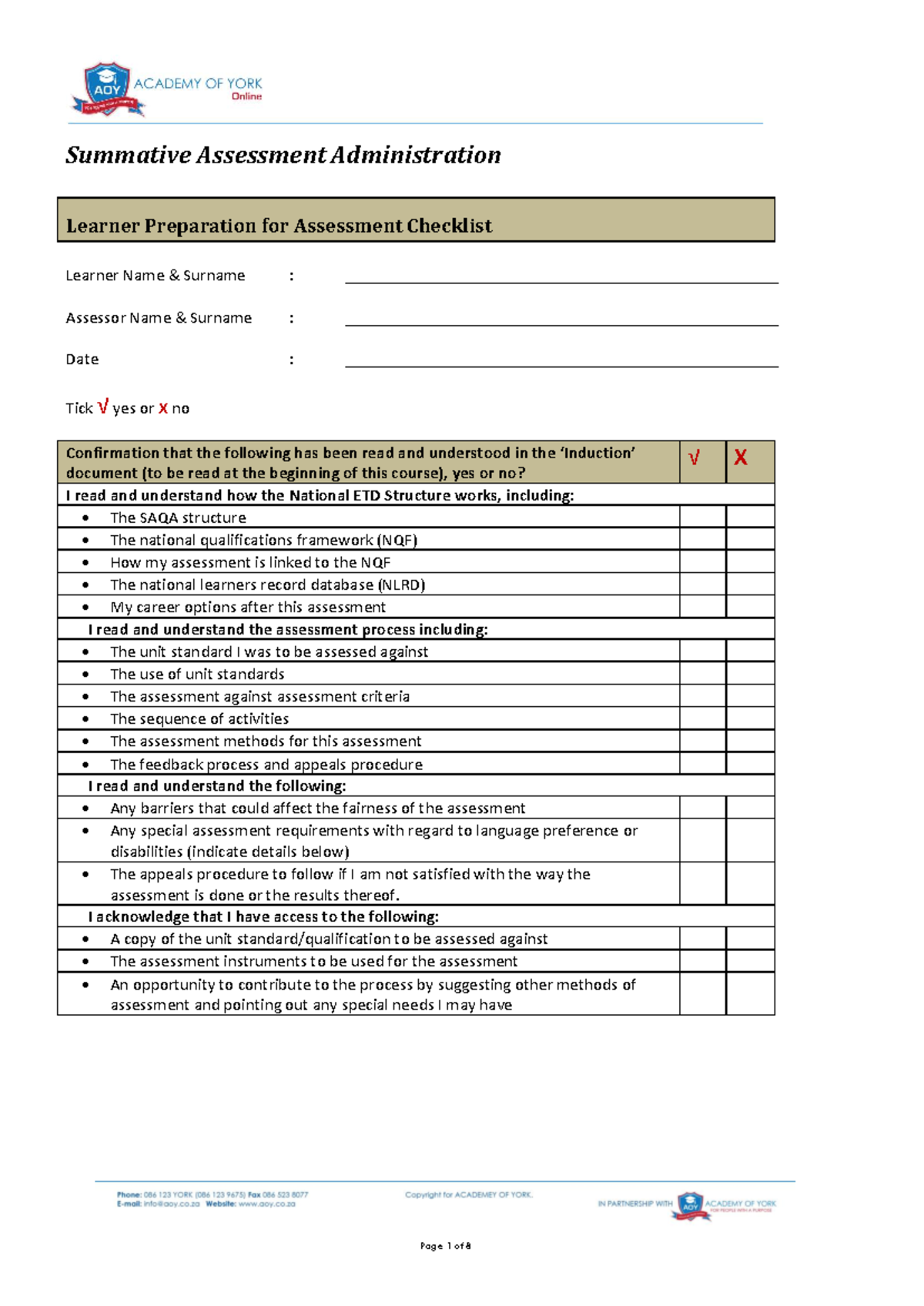 Summative Assessment Checklist for Learner Preparation (SABE OA) - Studocu