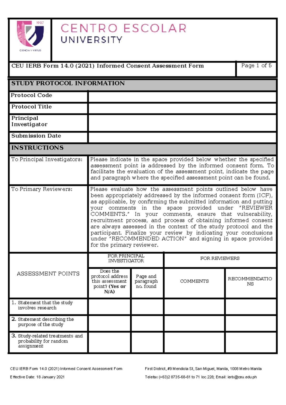 CEU IERB Form 14 - Informed Consent Assessment Protocol (2021) - Studocu