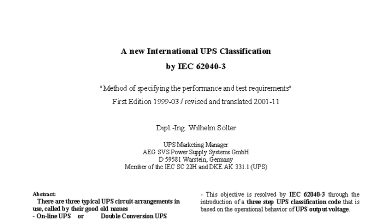 New IEC UPS Classification: Understanding Performance & Testing - Studocu