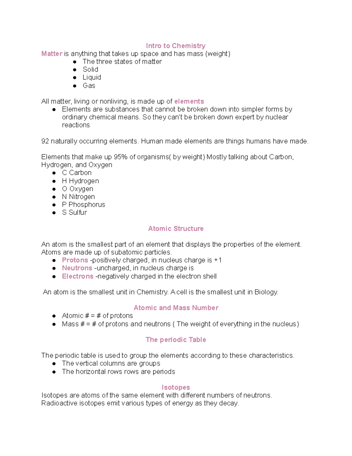 Bio 101 Chapter 2: Introduction to Chemistry and Matter Concepts - Studocu
