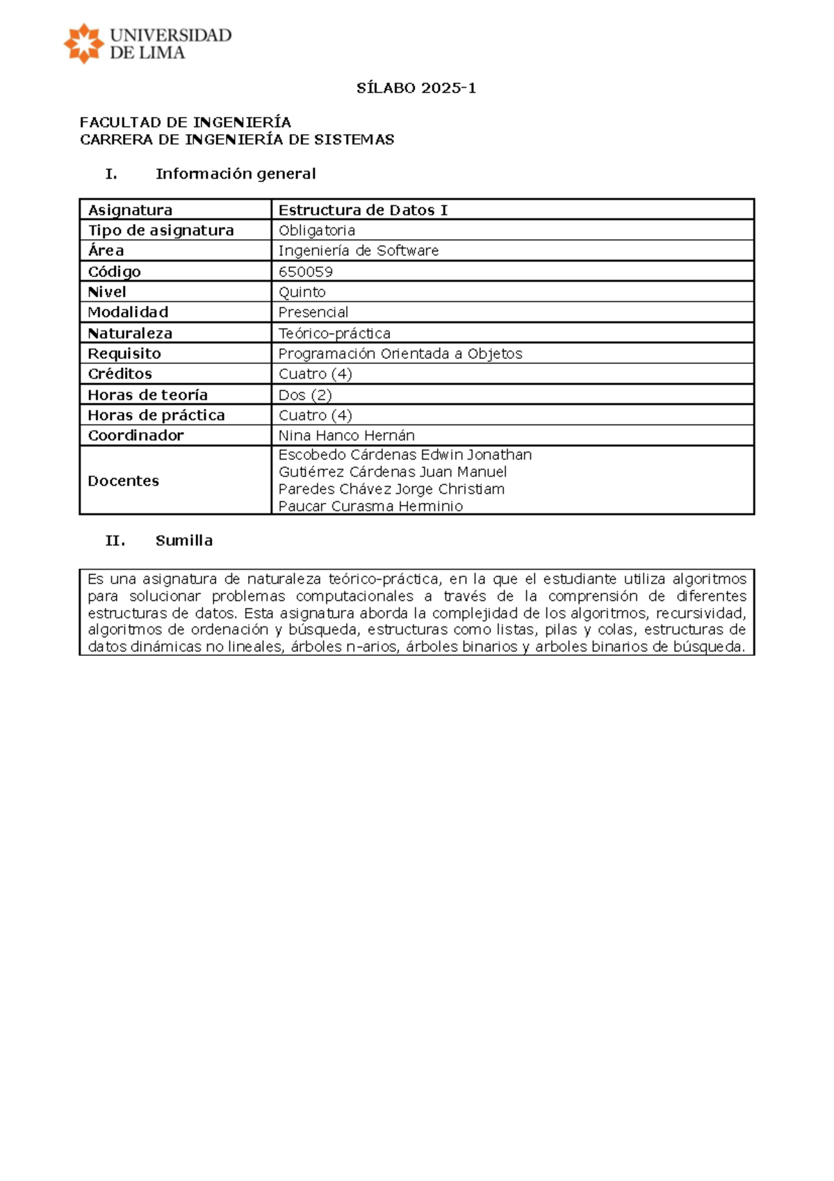 2025-1 SIL Estructura de Datos I - Sílabo y Evaluación - Document Preview