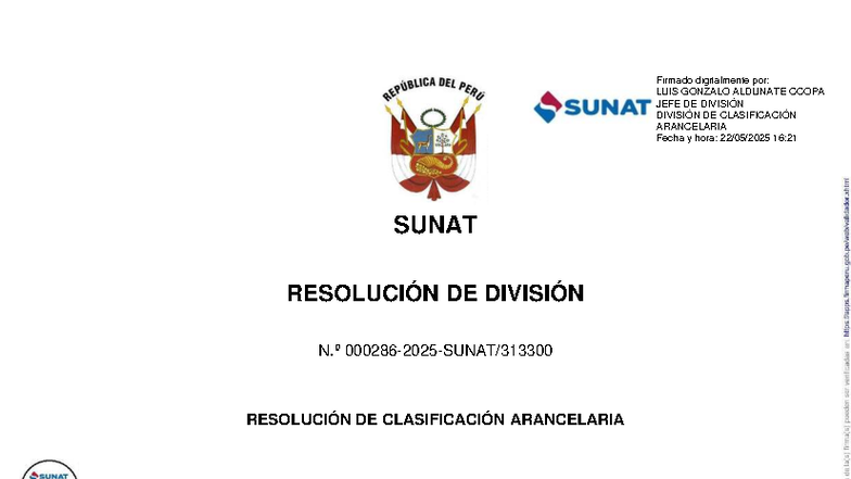 Resolución de Clasificación Arancelaria SUNAT 313301 - 2025 - Studocu