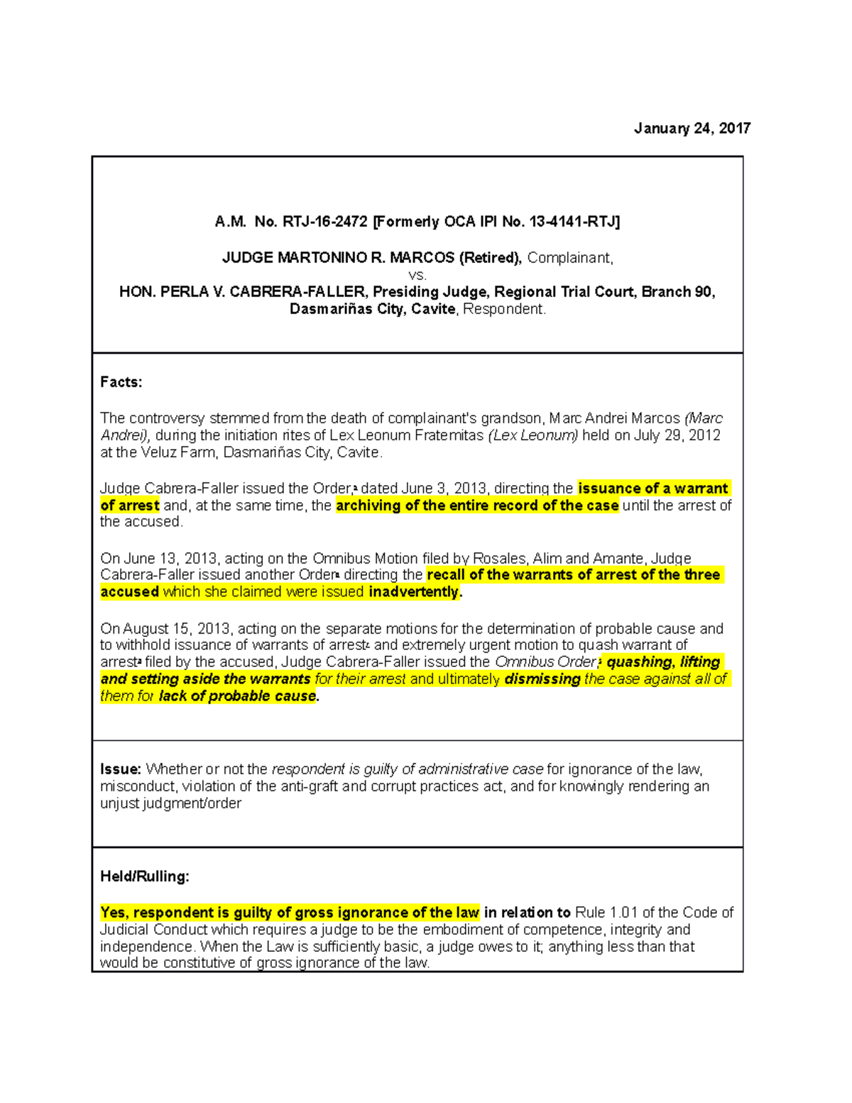 CASE Digest 1: Marcos v. Cabrera-Faller - Judicial Misconduct Ruling ...