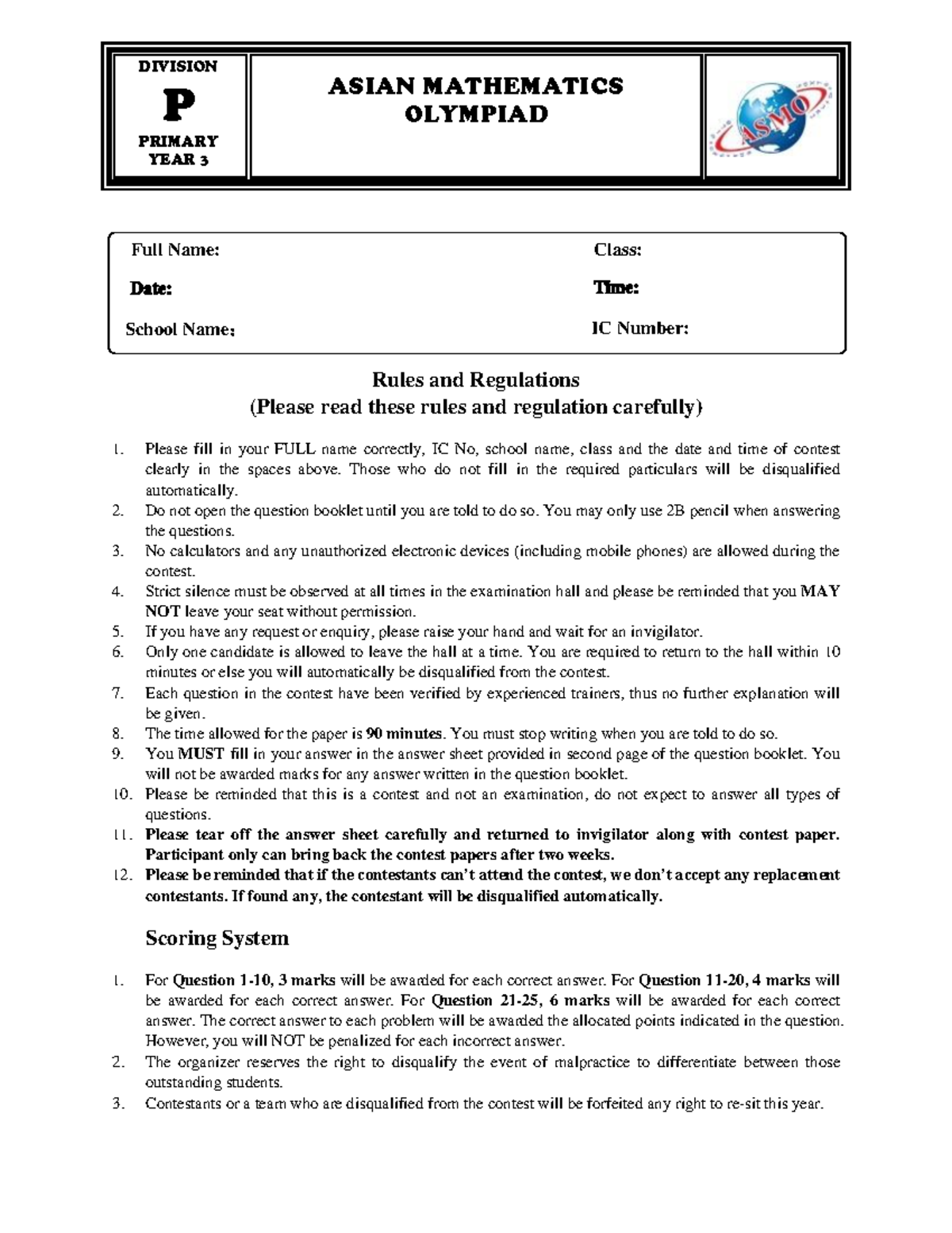 ASMO 3 - 2020: Primary Year 3 Division Contest Rules & Questions - Studocu