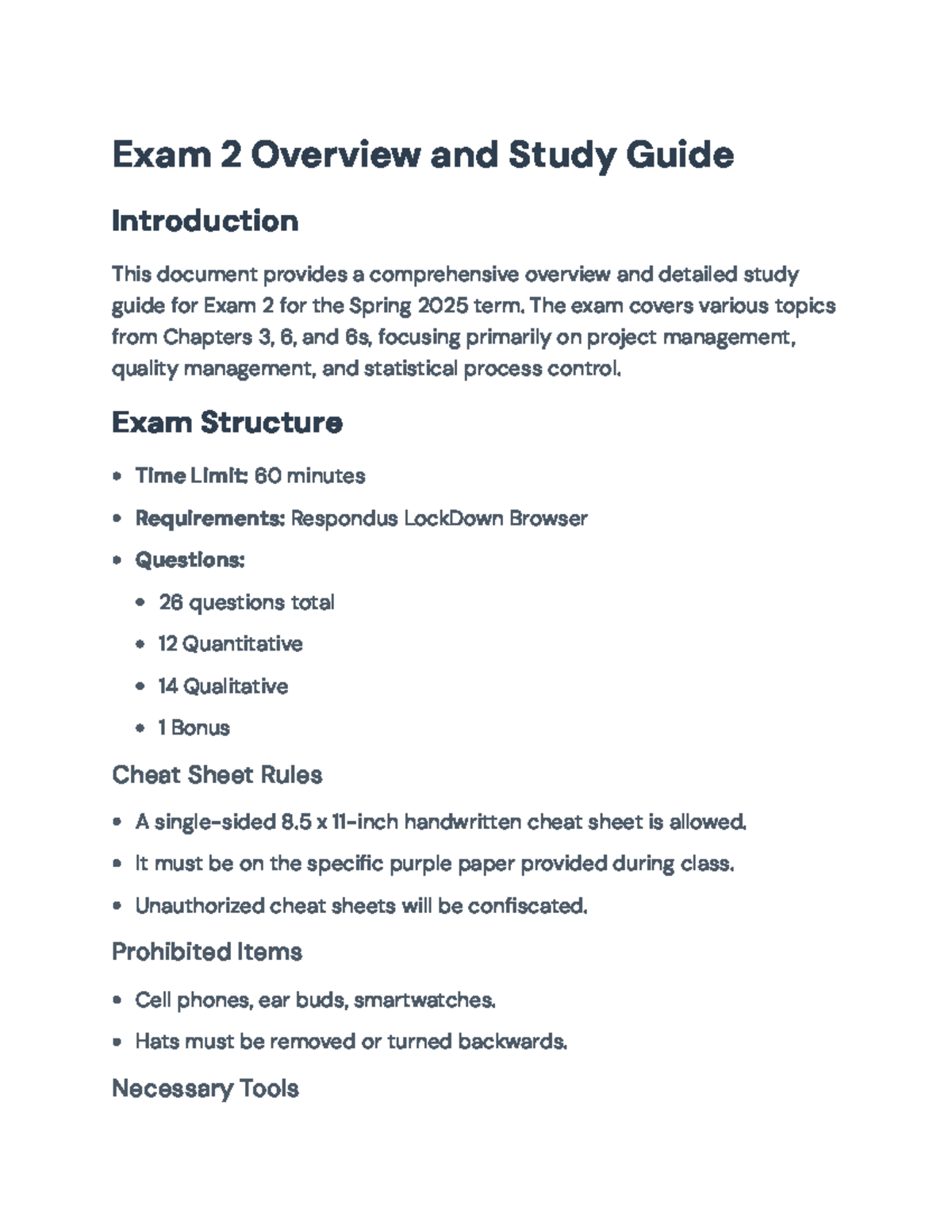 Exam 2 Study Guide: Project & Quality Management, SPC - Spring 2025 ...