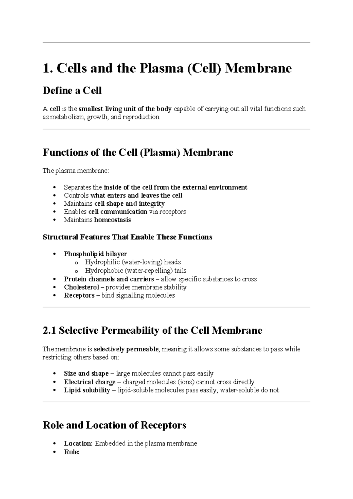 BIO101: Week 1 - Cell Structure and Membrane Functions Notes - Studocu