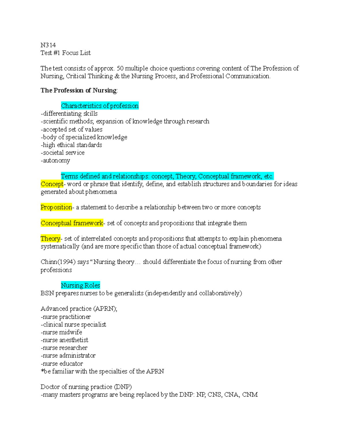 N314 Test #1 Study Guide: Key Nursing Concepts & Theories - Studocu