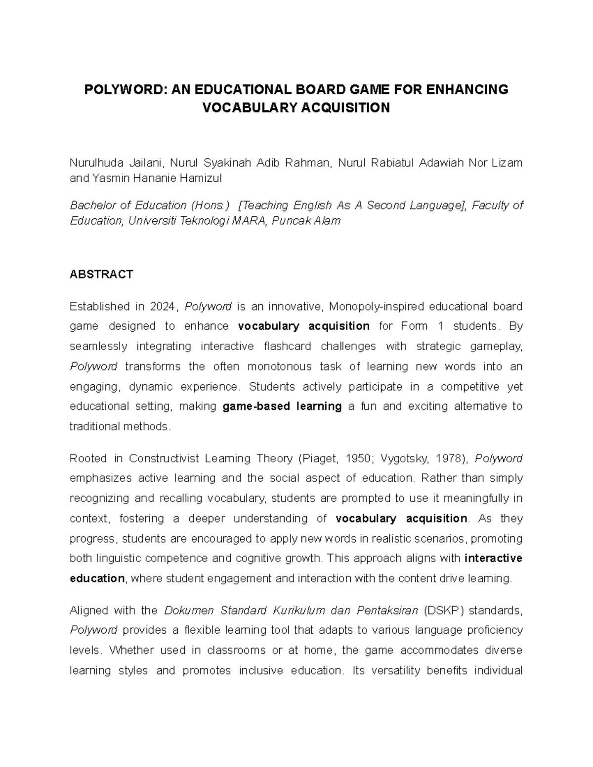 POLYWORD: A BOARD GAME FOR VOCABULARY ACQUISITION IN FORM 1 - Studocu