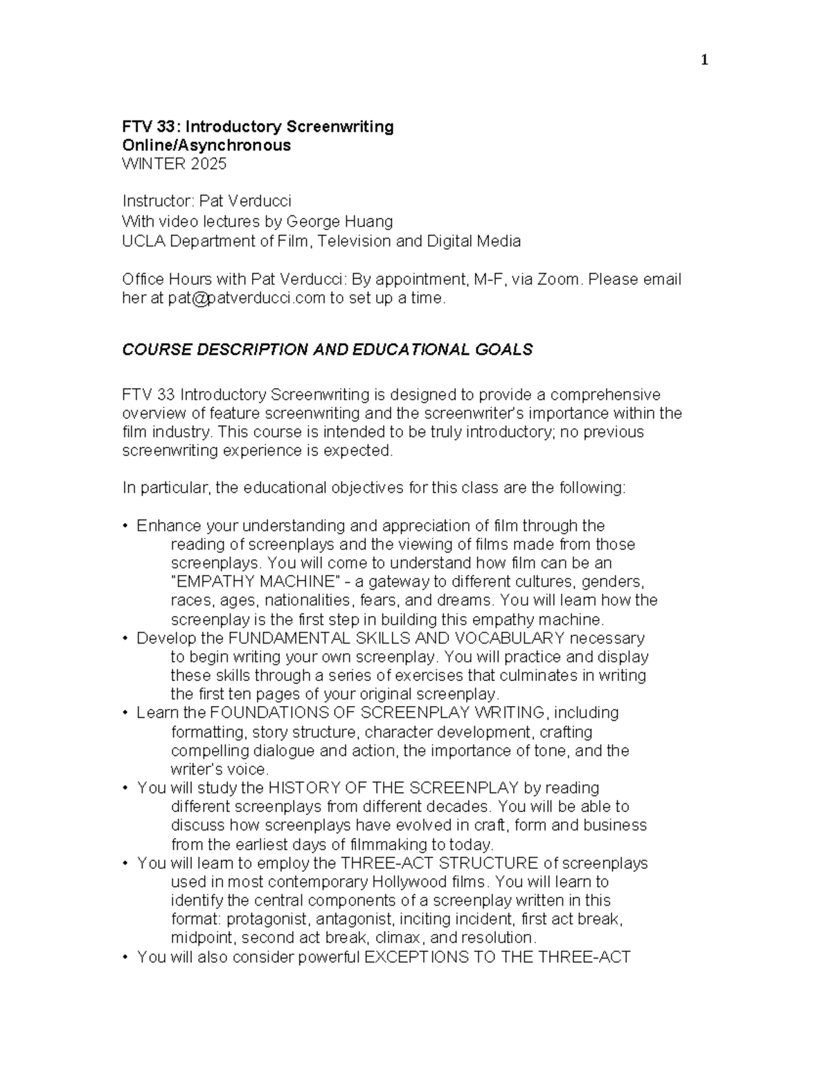 FTV 33: Winter 2025 Intro to Screenwriting Syllabus & Course Outline ...