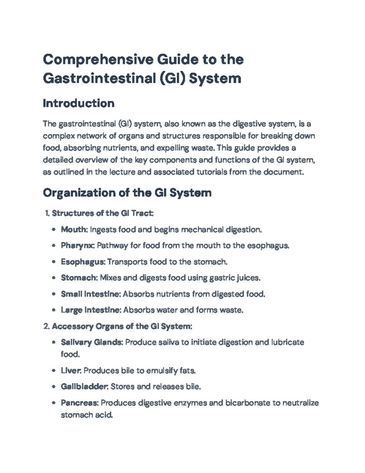 Comprehensive Overview of GI System: Structures & Functions Guide - Studocu