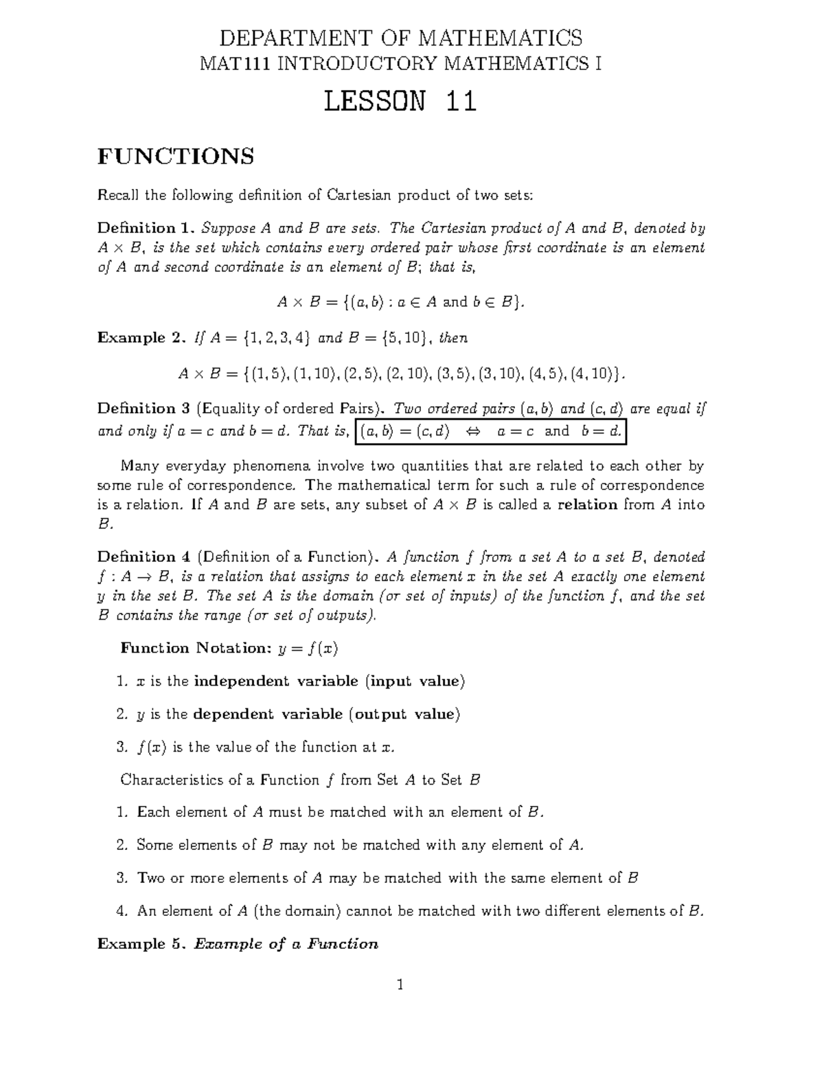 MAT111 Introductory Mathematics I: Lesson 11 Functions Overview - Studocu