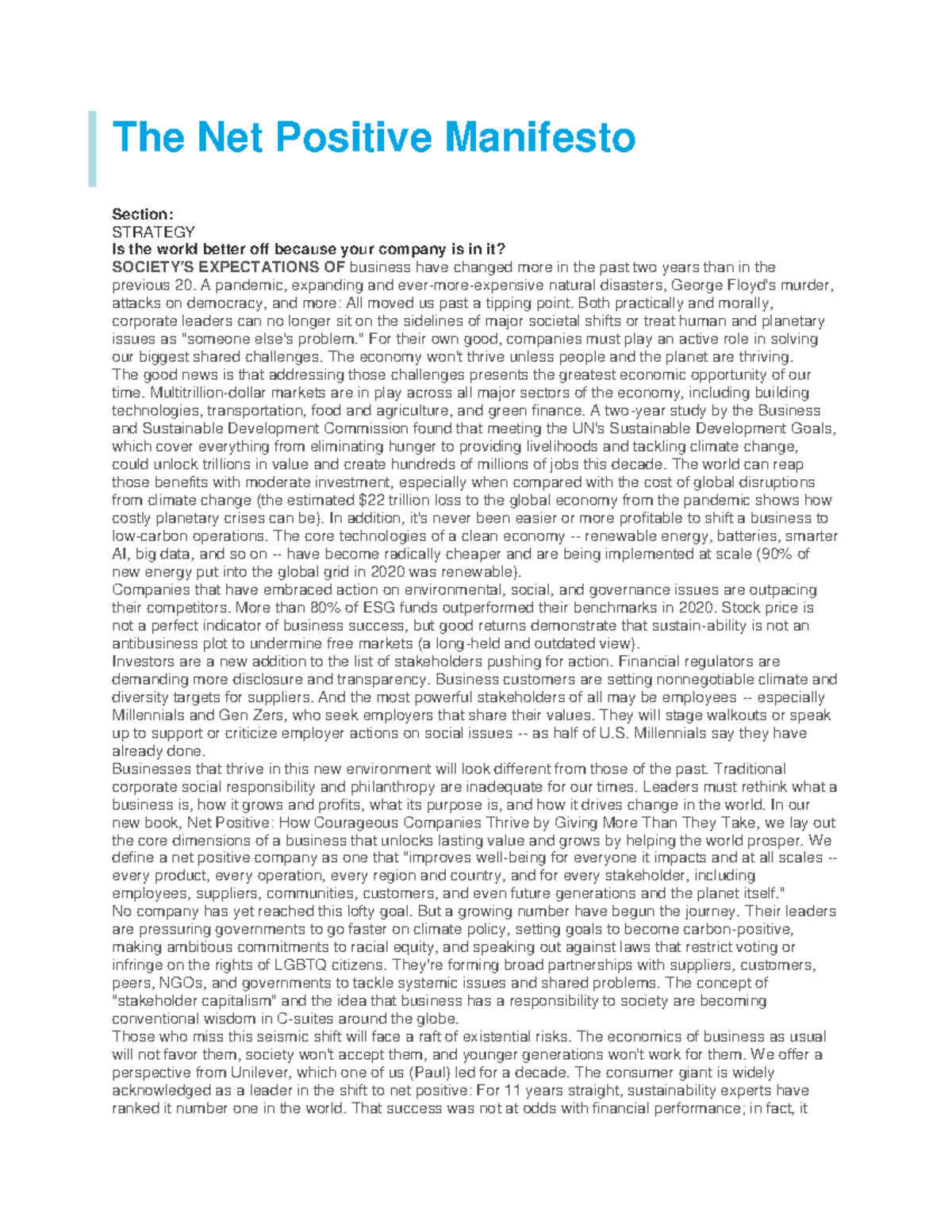 Net Positive Manifesto: The Crucial Shift in Business Strategy - Studocu