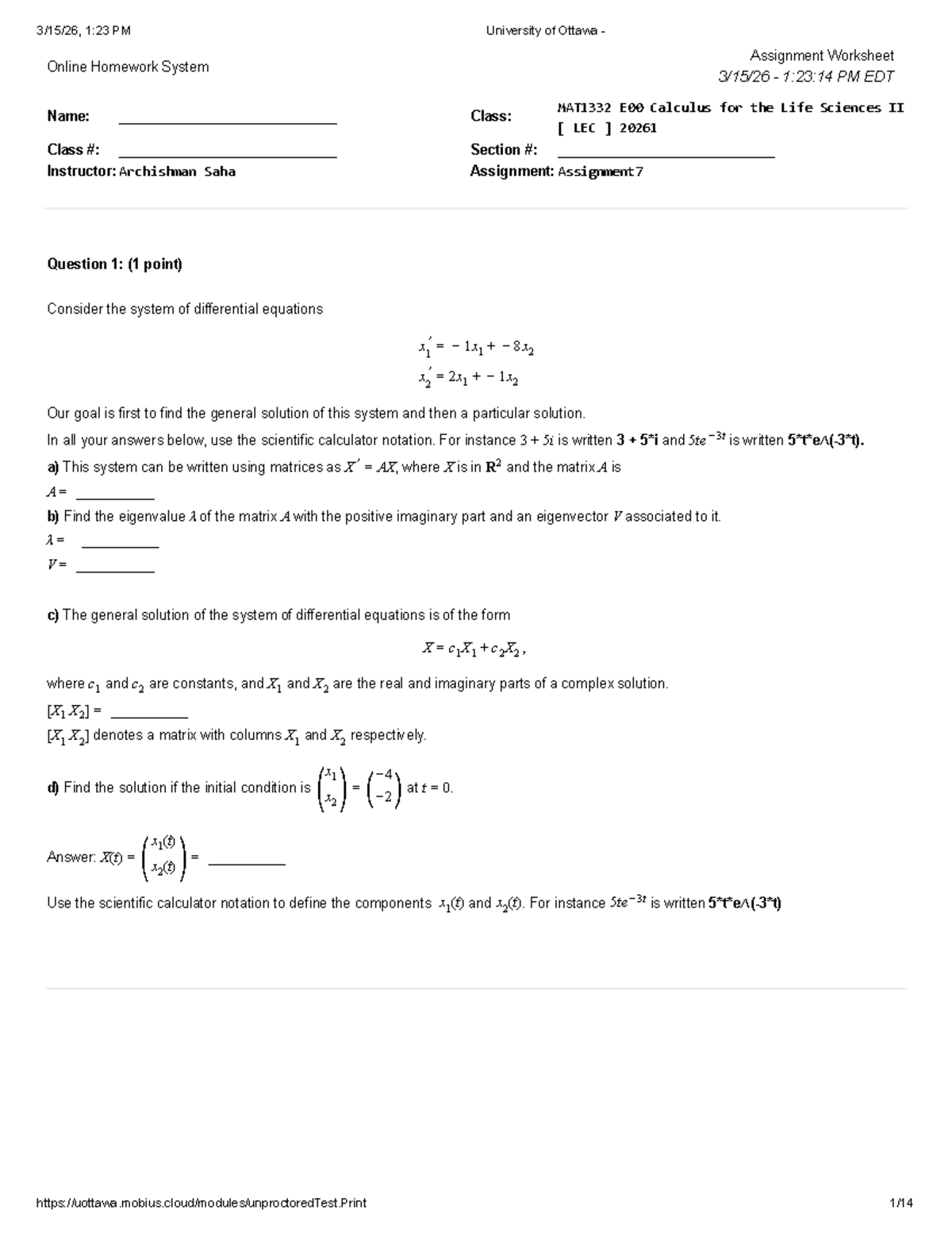 MAT1332 E00 Calculus for Life Sciences II - Assignment 7 Solutions ...