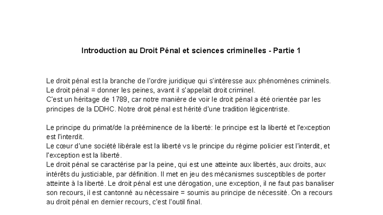 Introduction au Droit Pénal et Sciences Criminelles - Partie 1 - Studocu