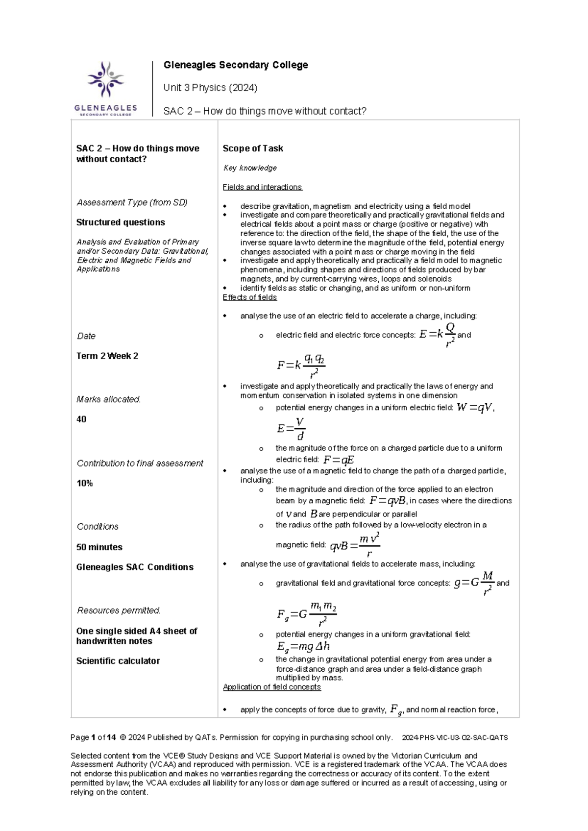 Unit 3 Physics (2024) SAC 2: Analyzing Motion Without Contact - Studocu