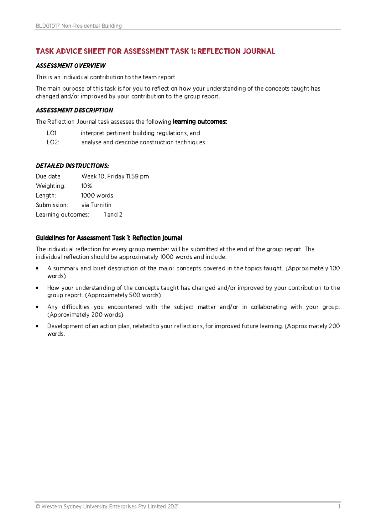 BLDG1017 Reflection Journal Task Advice for Assessment Task 1 - Studocu