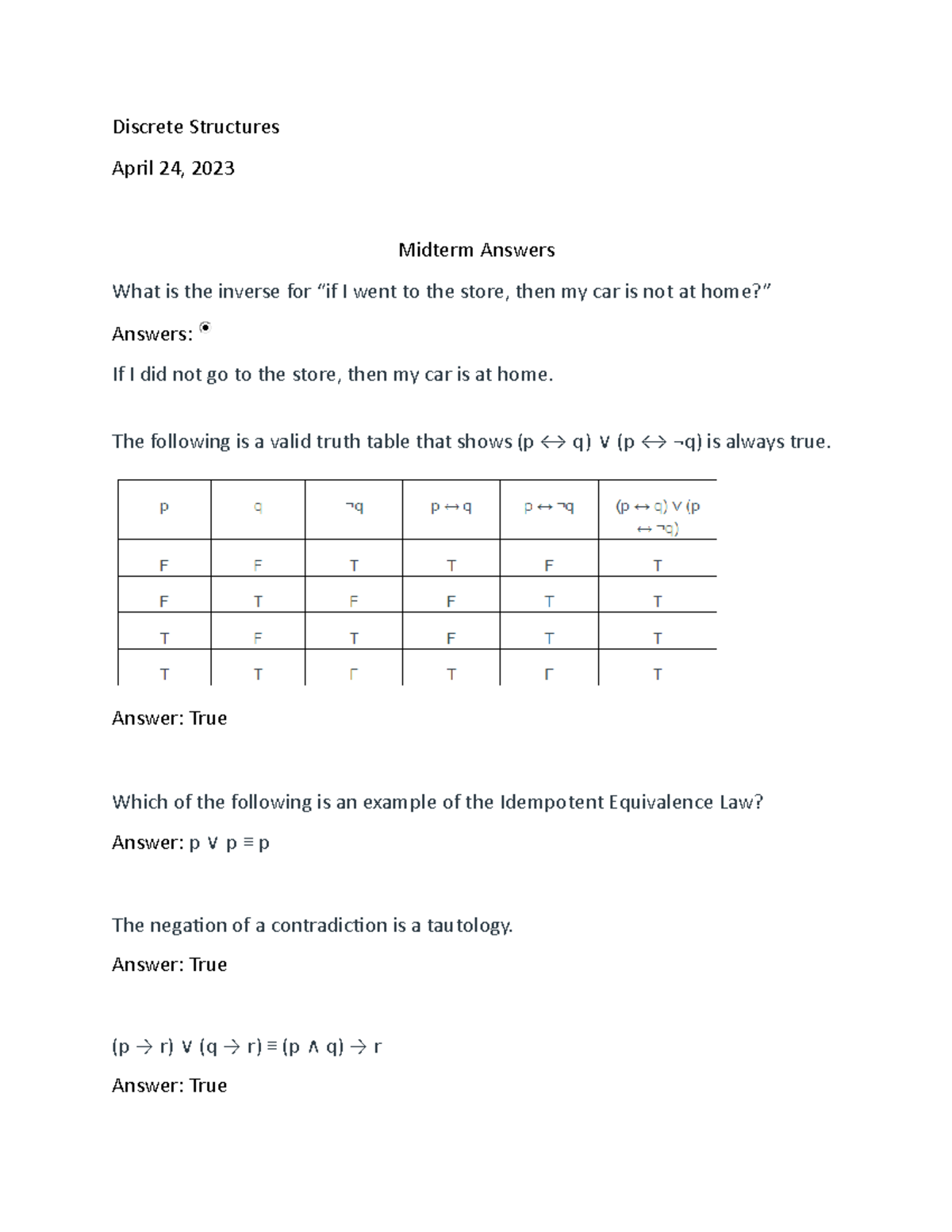 Midterm Answers for Discrete Structures (Course Code: DS 101) - Studocu